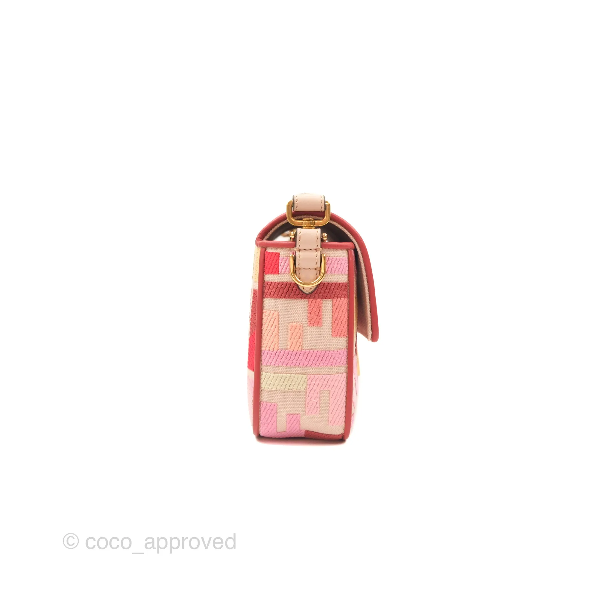 Fendi Medium Baguette Bag FF Embroidered Pink Canvas Gold Hardware