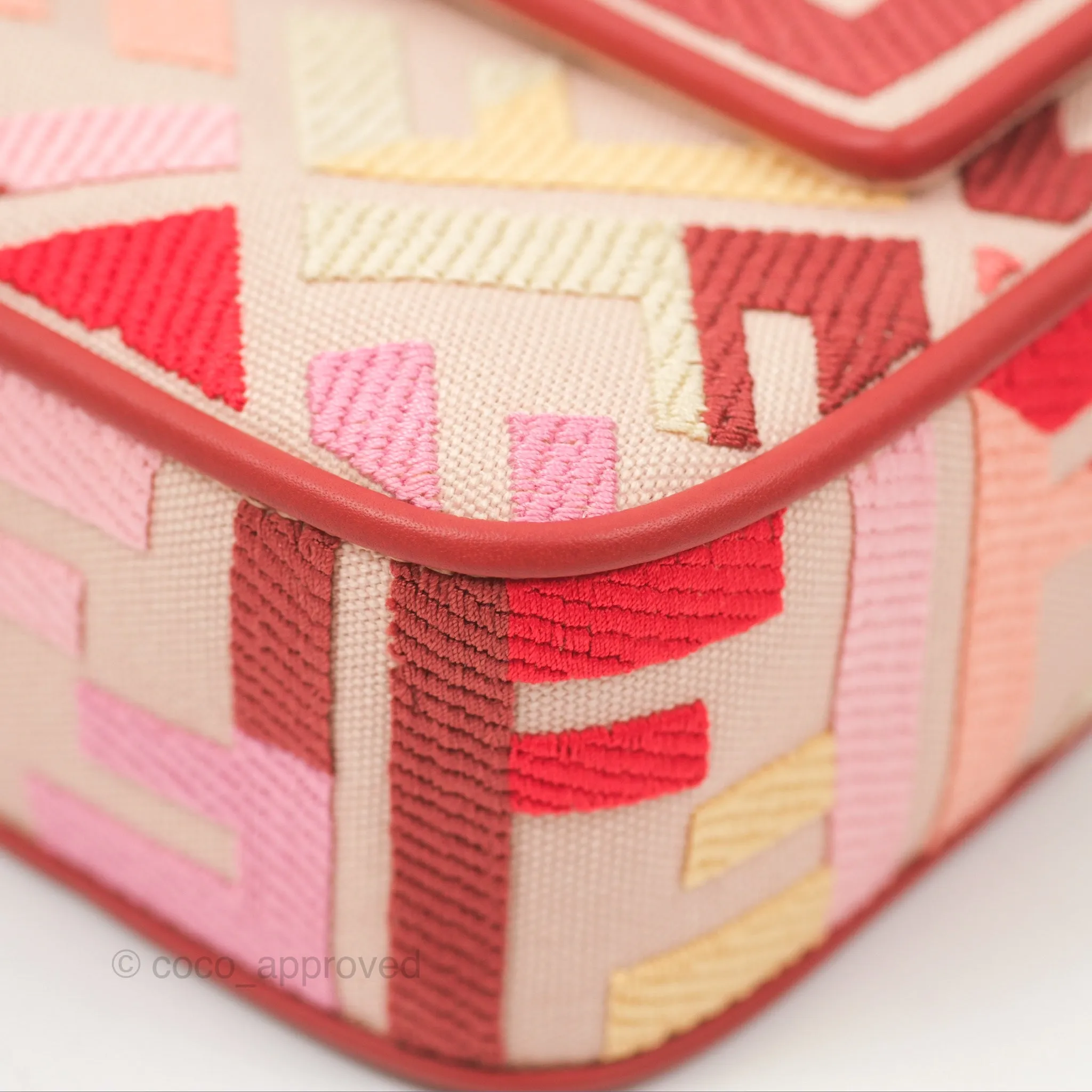 Fendi Medium Baguette Bag FF Embroidered Pink Canvas Gold Hardware