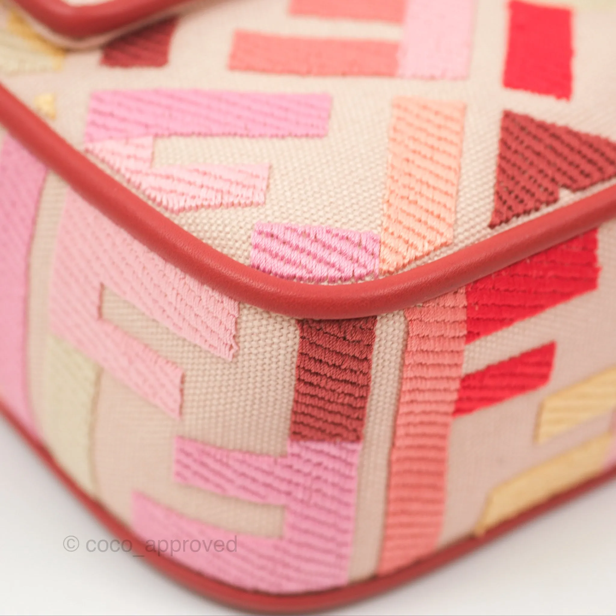 Fendi Medium Baguette Bag FF Embroidered Pink Canvas Gold Hardware