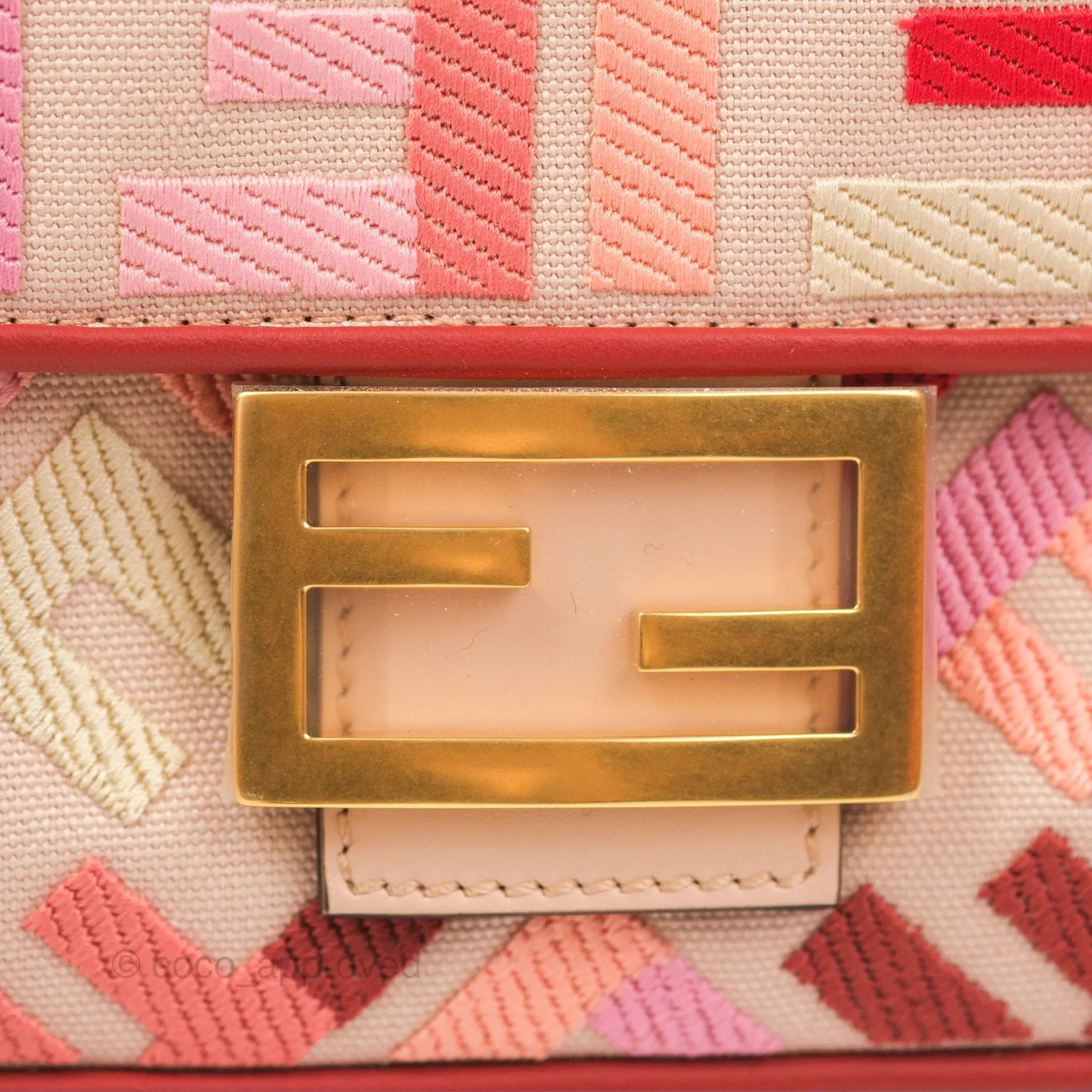 Fendi Medium Baguette Bag FF Embroidered Pink Canvas Gold Hardware
