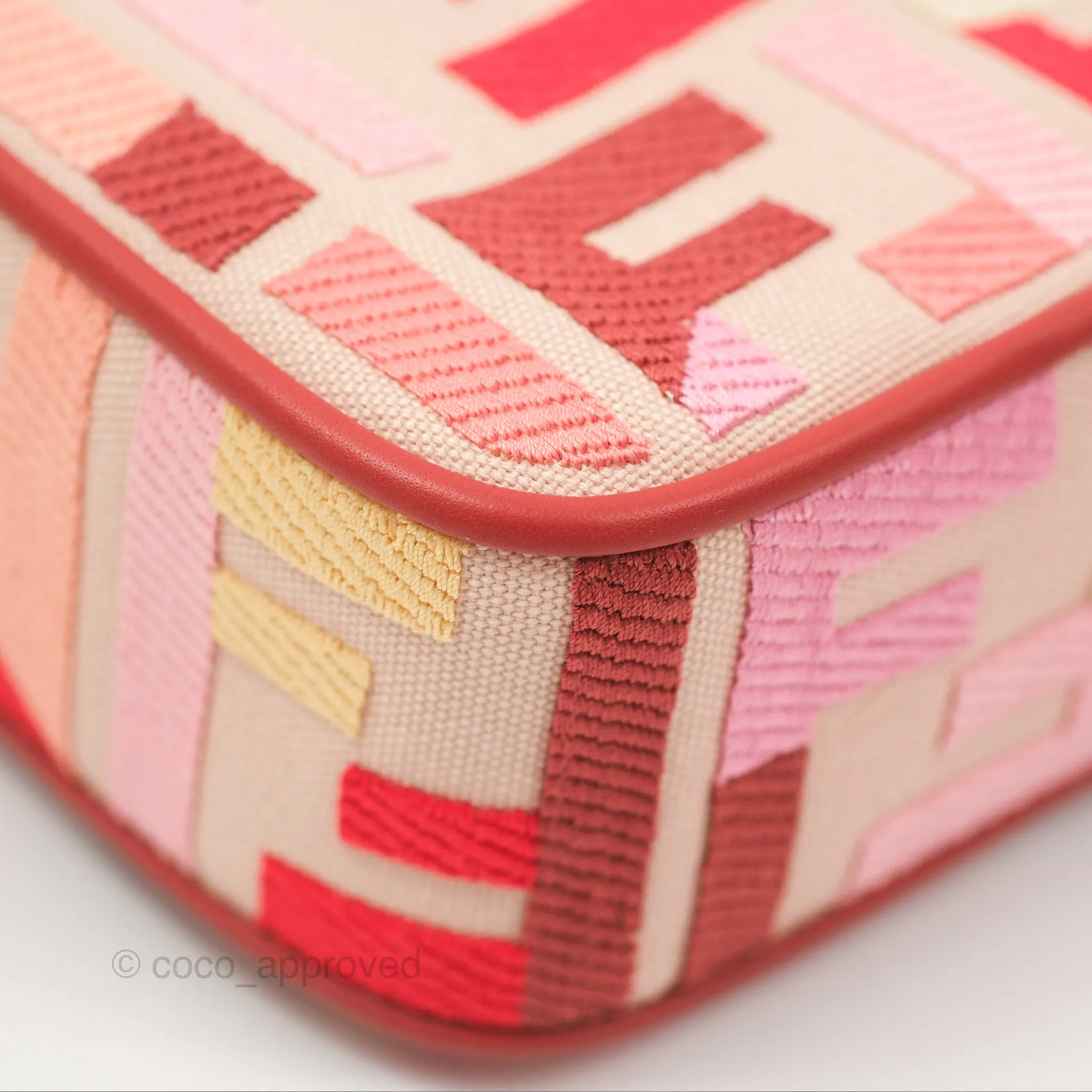Fendi Medium Baguette Bag FF Embroidered Pink Canvas Gold Hardware