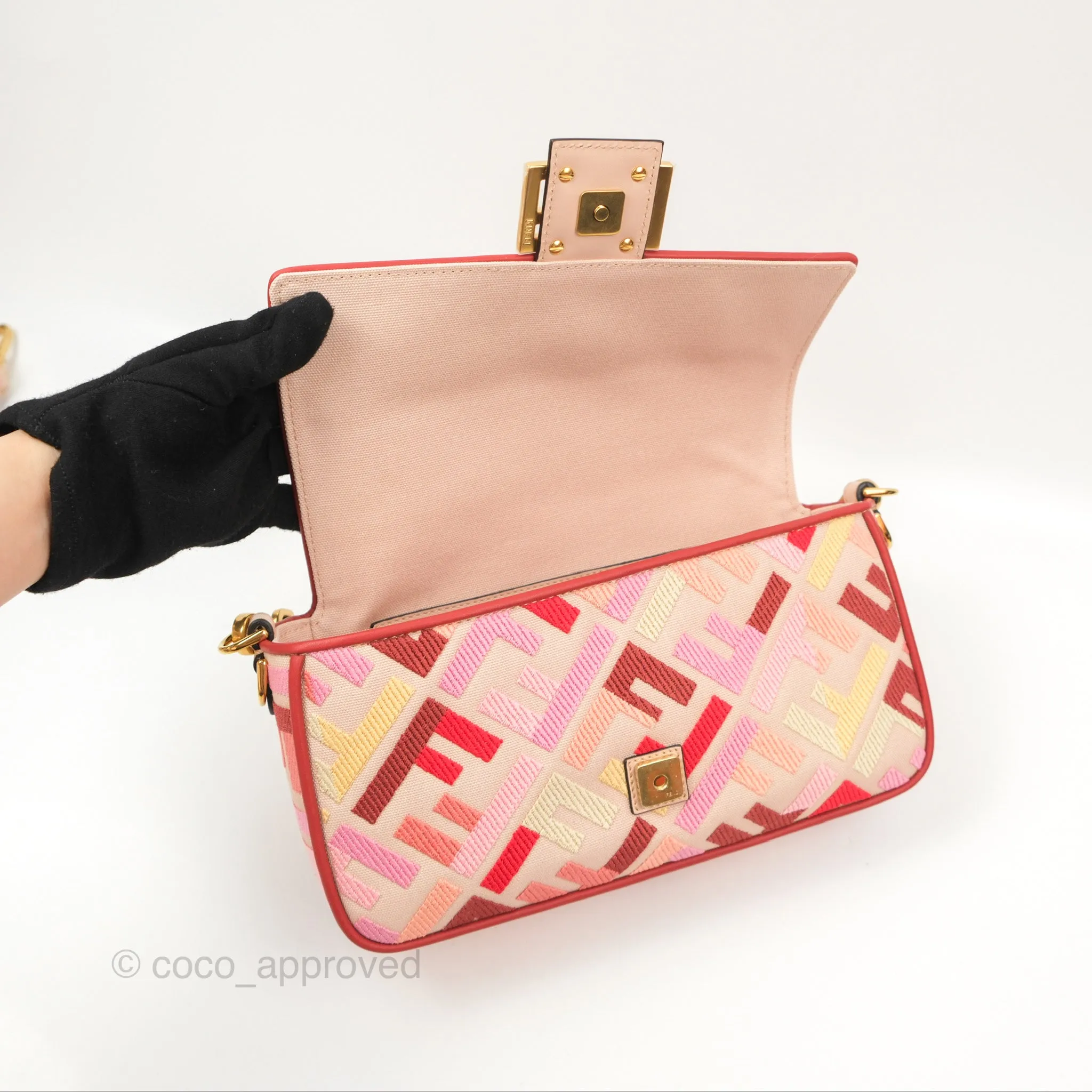 Fendi Medium Baguette Bag FF Embroidered Pink Canvas Gold Hardware