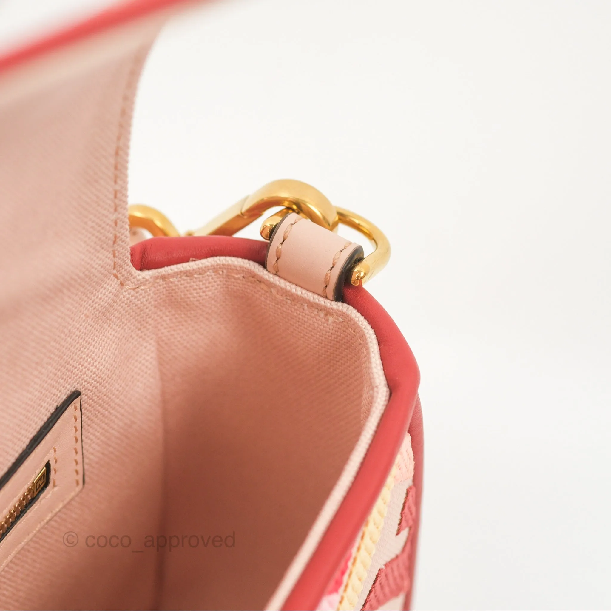 Fendi Medium Baguette Bag FF Embroidered Pink Canvas Gold Hardware