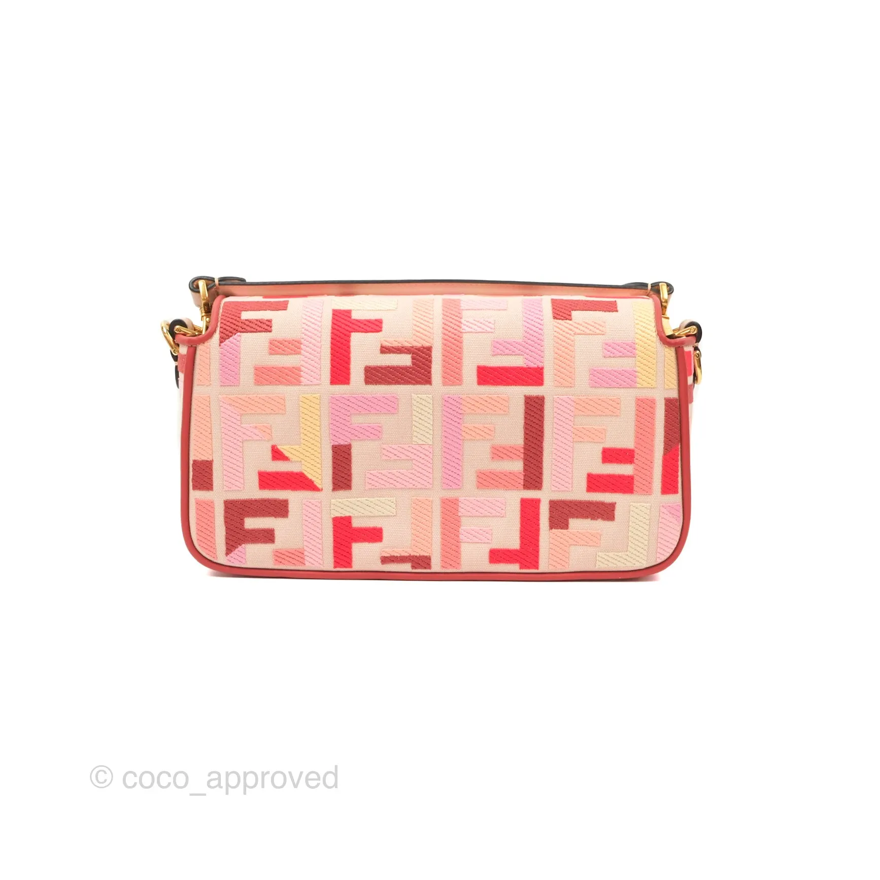 Fendi Medium Baguette Bag FF Embroidered Pink Canvas Gold Hardware