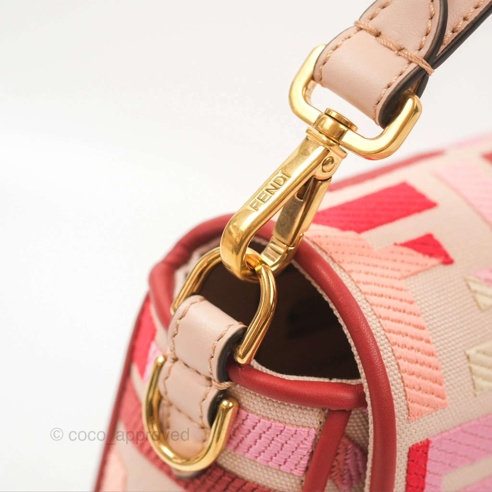 Fendi Medium Baguette Bag FF Embroidered Pink Canvas Gold Hardware