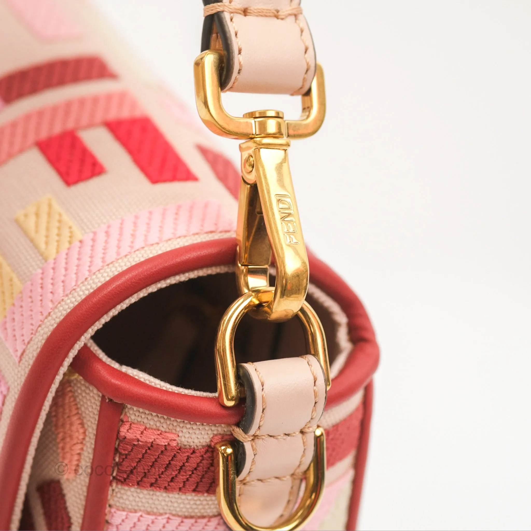 Fendi Medium Baguette Bag FF Embroidered Pink Canvas Gold Hardware