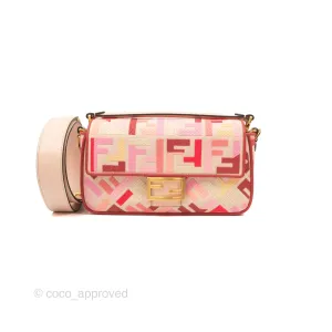 Fendi Medium Baguette Bag FF Embroidered Pink Canvas Gold Hardware