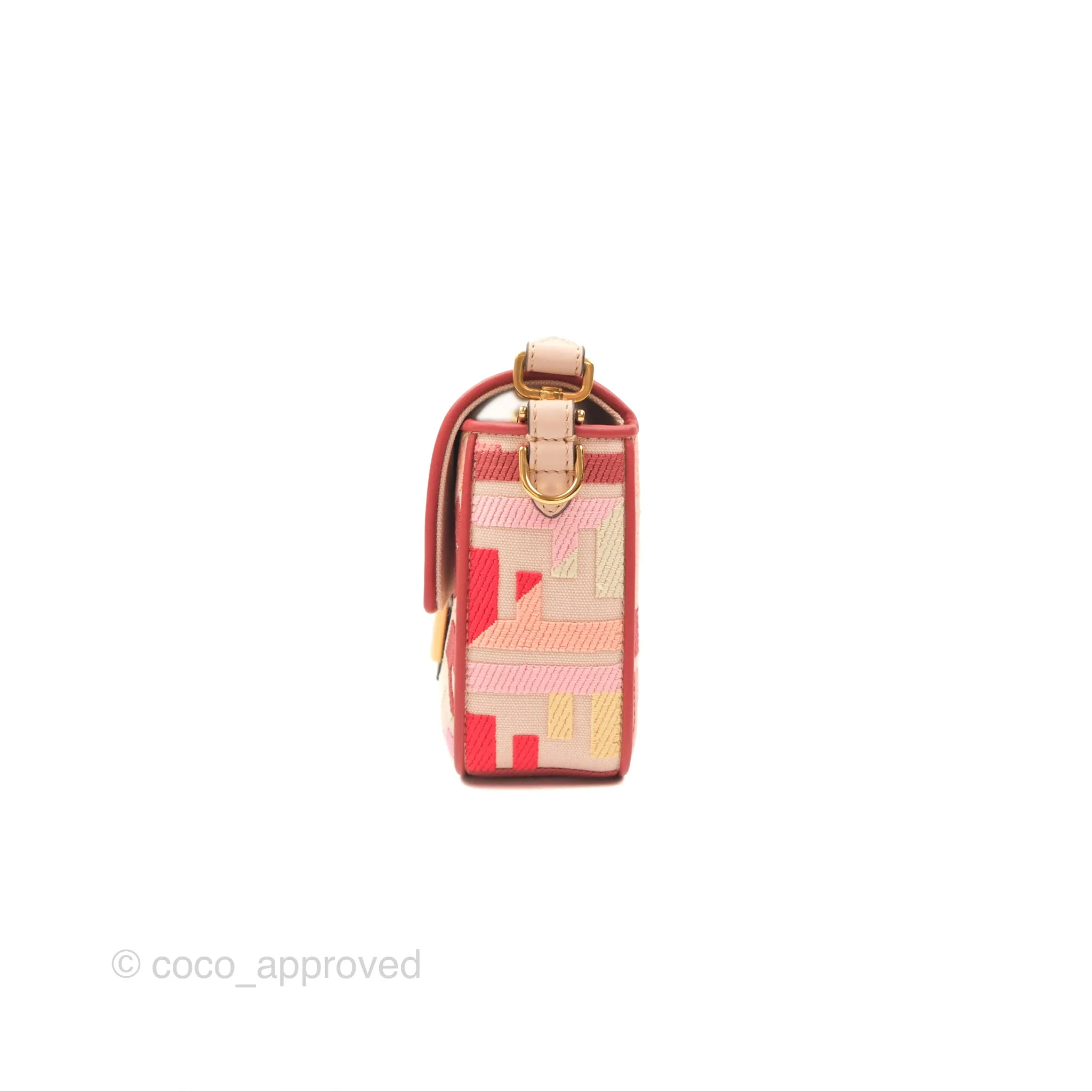 Fendi Medium Baguette Bag FF Embroidered Pink Canvas Gold Hardware