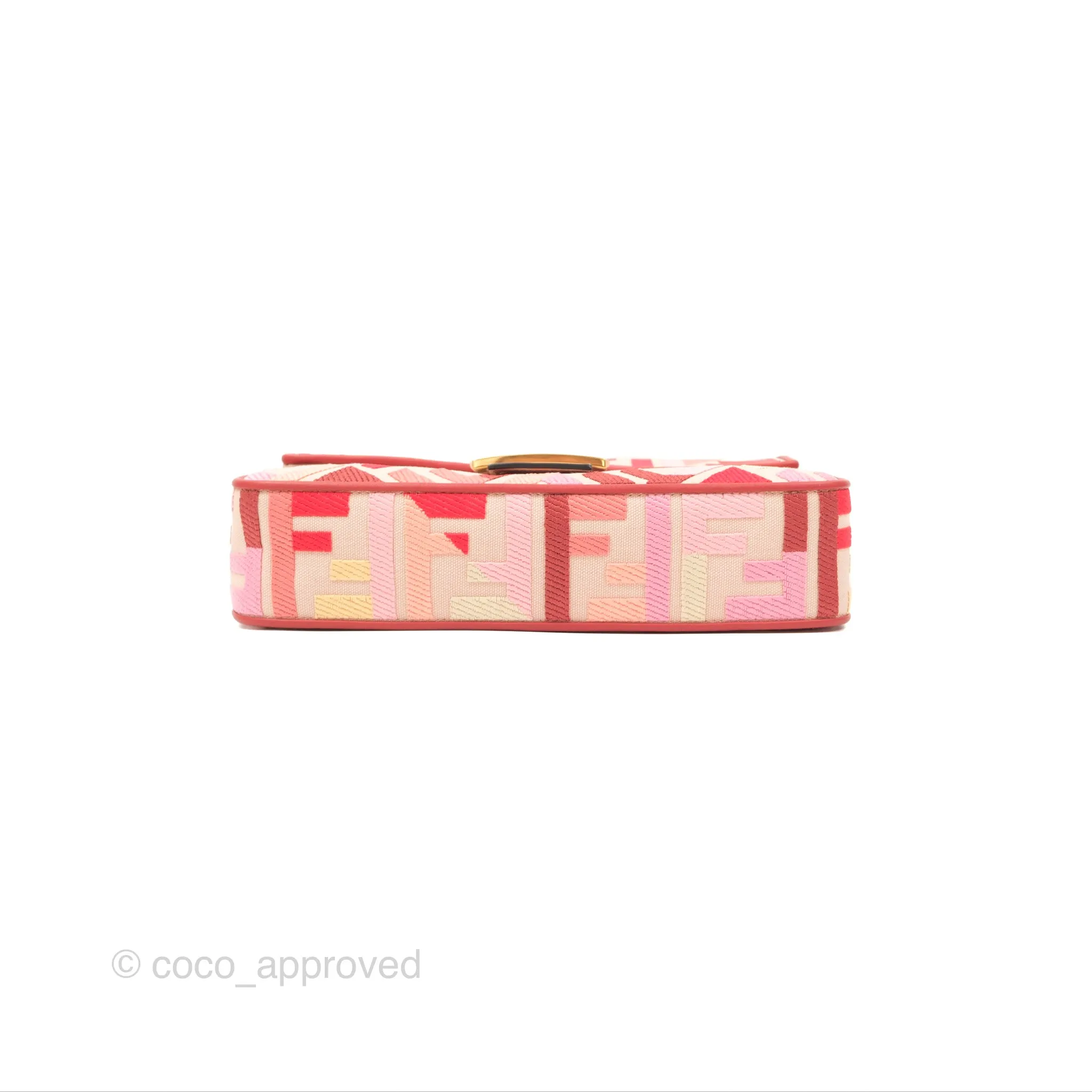 Fendi Medium Baguette Bag FF Embroidered Pink Canvas Gold Hardware