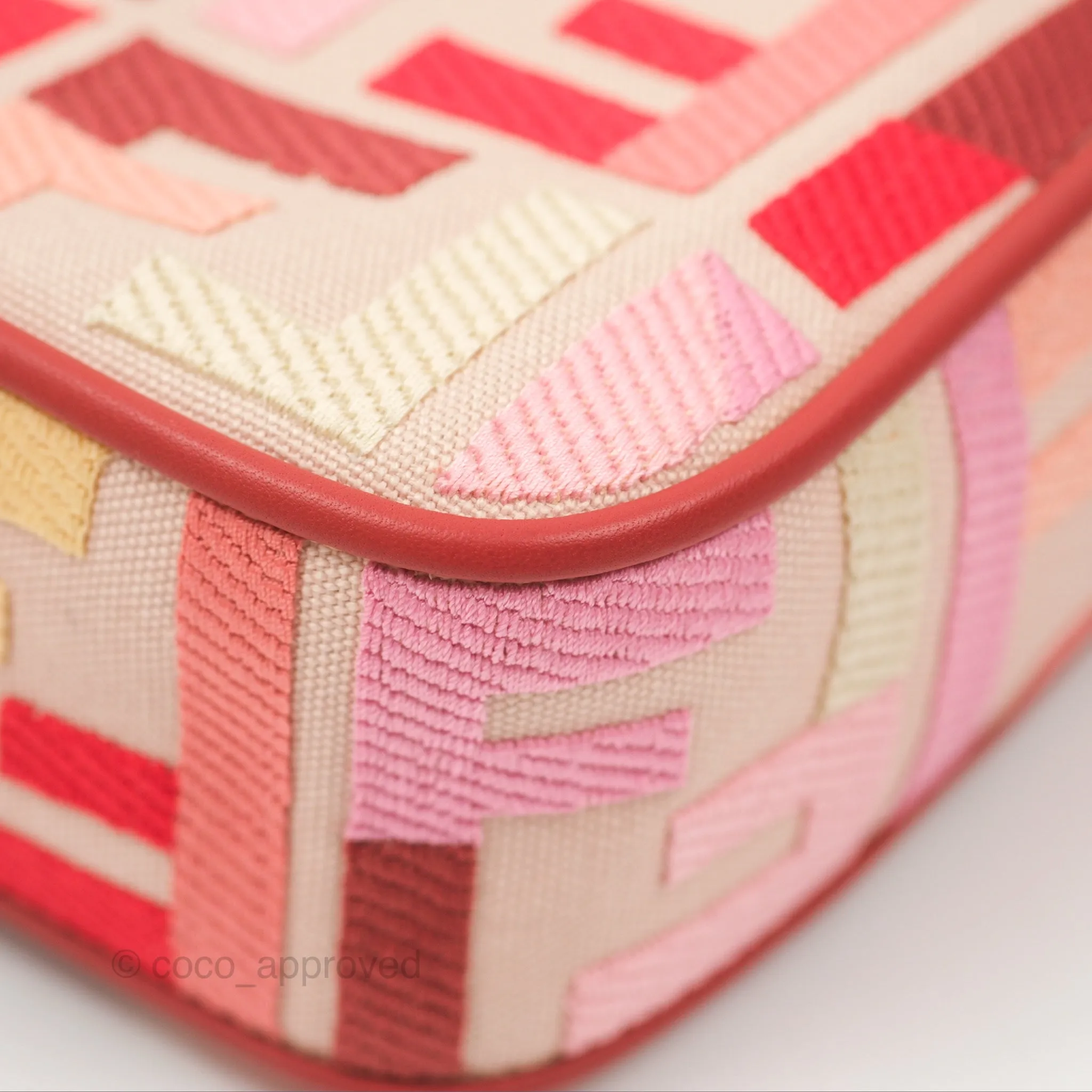 Fendi Medium Baguette Bag FF Embroidered Pink Canvas Gold Hardware