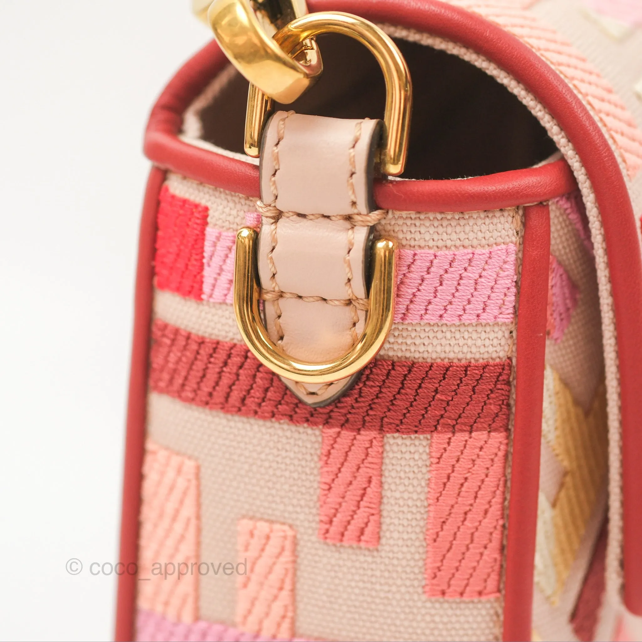 Fendi Medium Baguette Bag FF Embroidered Pink Canvas Gold Hardware