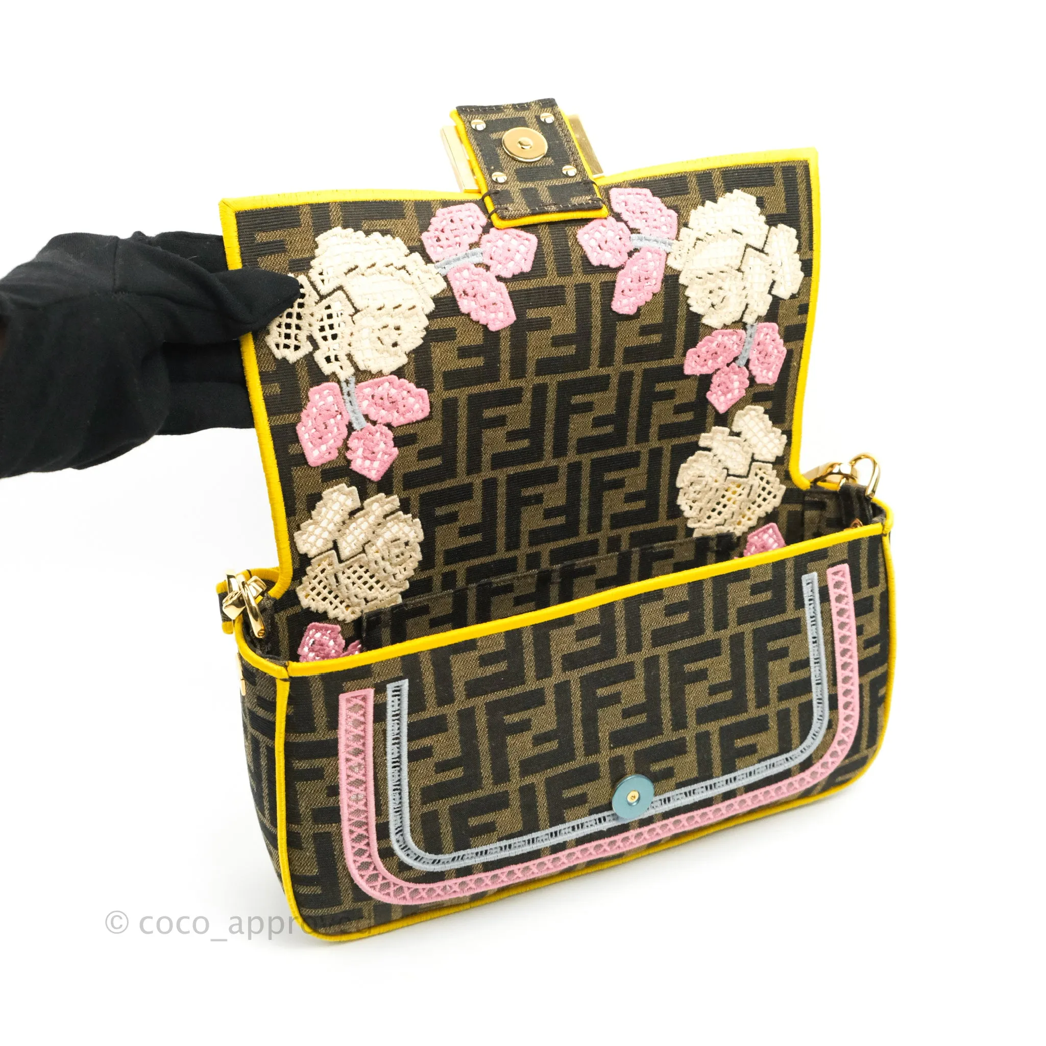 Fendi Medium Embroidered FF Fabric Baguette Bag Multicolour Gold Hardware