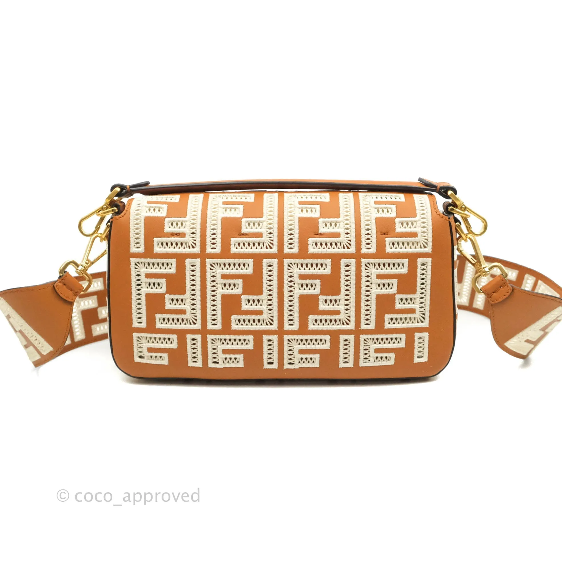 Fendi Medium FF Ajour Embroidery Baguette Bag Brown Nappa
