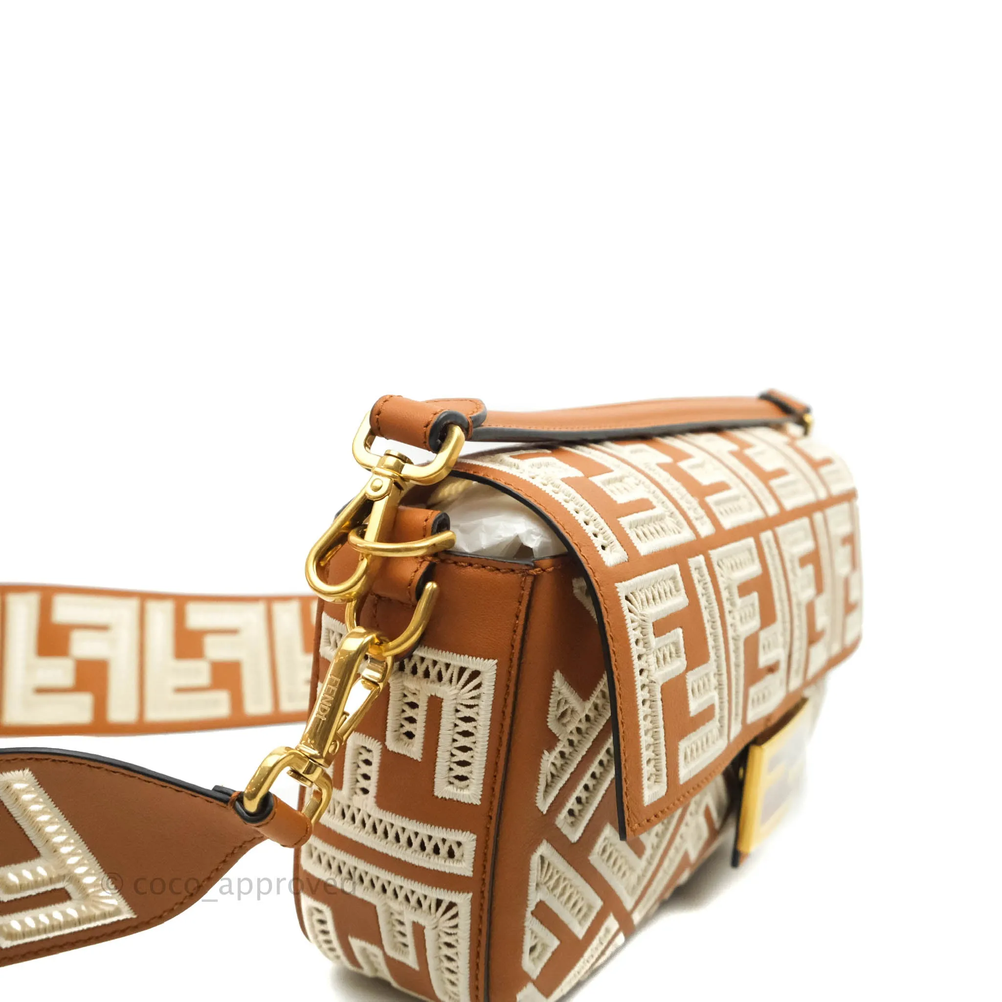 Fendi Medium FF Ajour Embroidery Baguette Bag Brown Nappa
