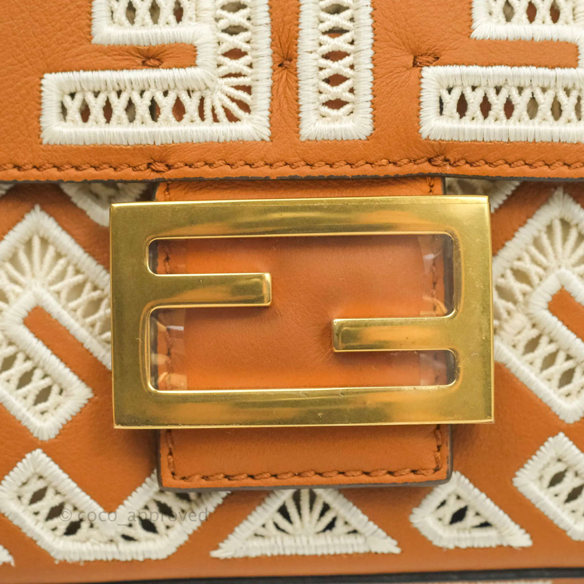Fendi Medium FF Ajour Embroidery Baguette Bag Brown Nappa