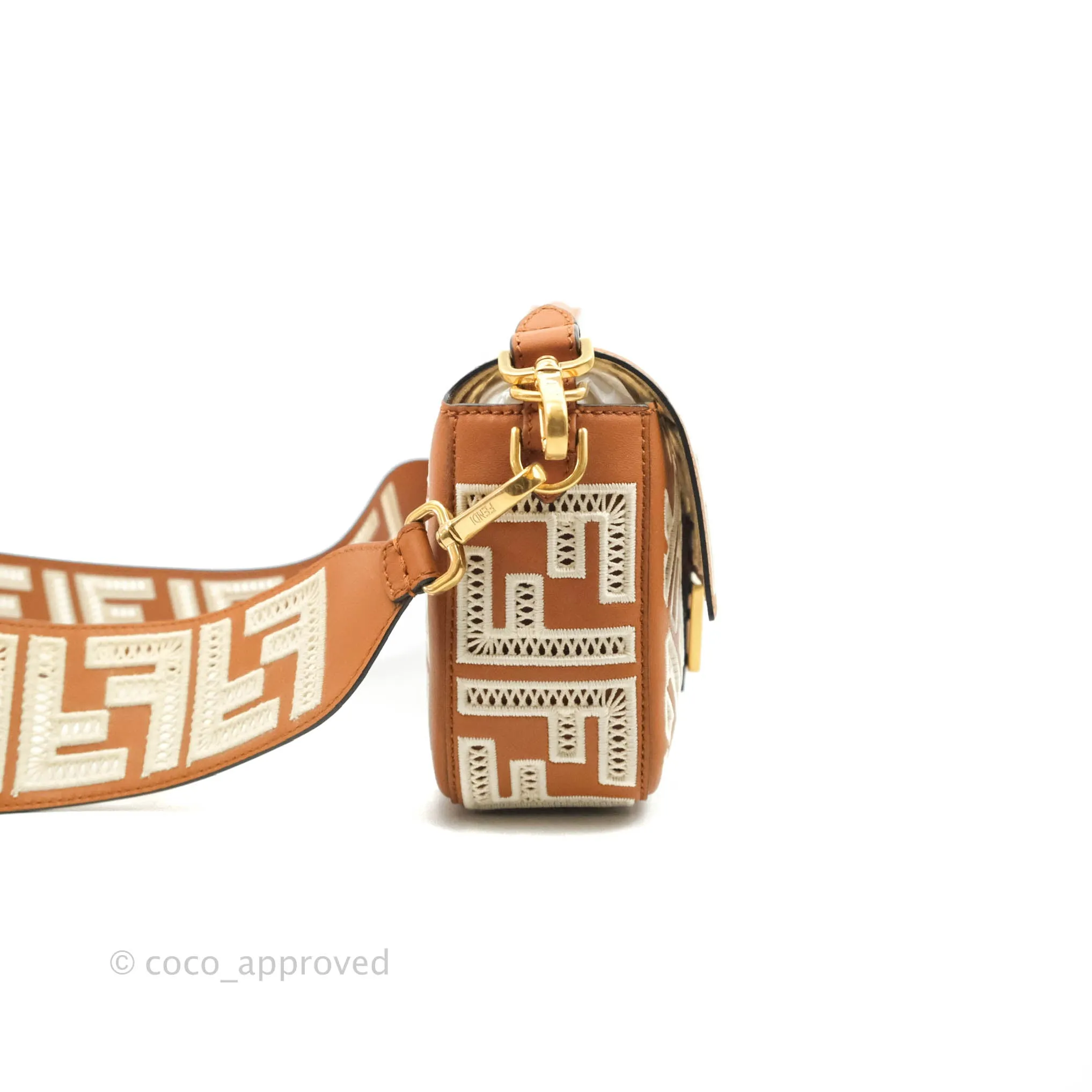 Fendi Medium FF Ajour Embroidery Baguette Bag Brown Nappa