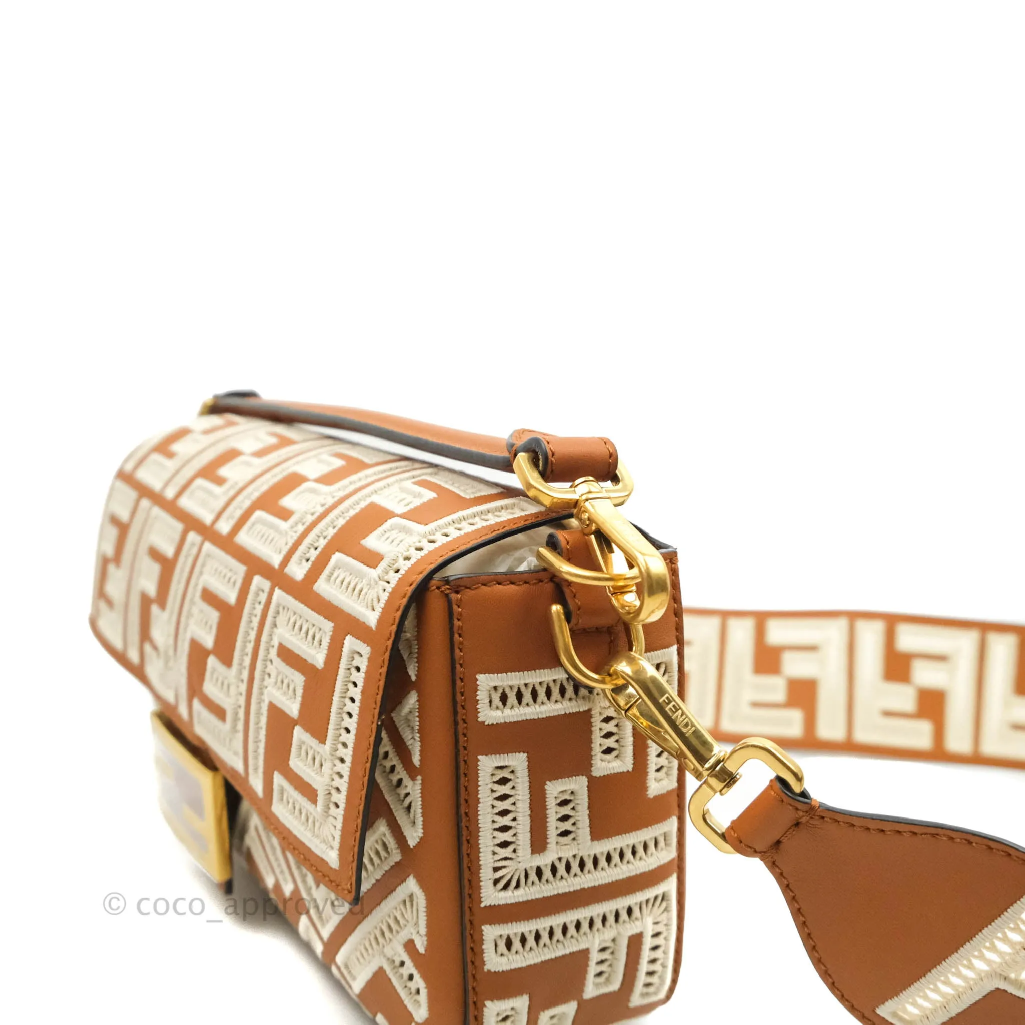 Fendi Medium FF Ajour Embroidery Baguette Bag Brown Nappa