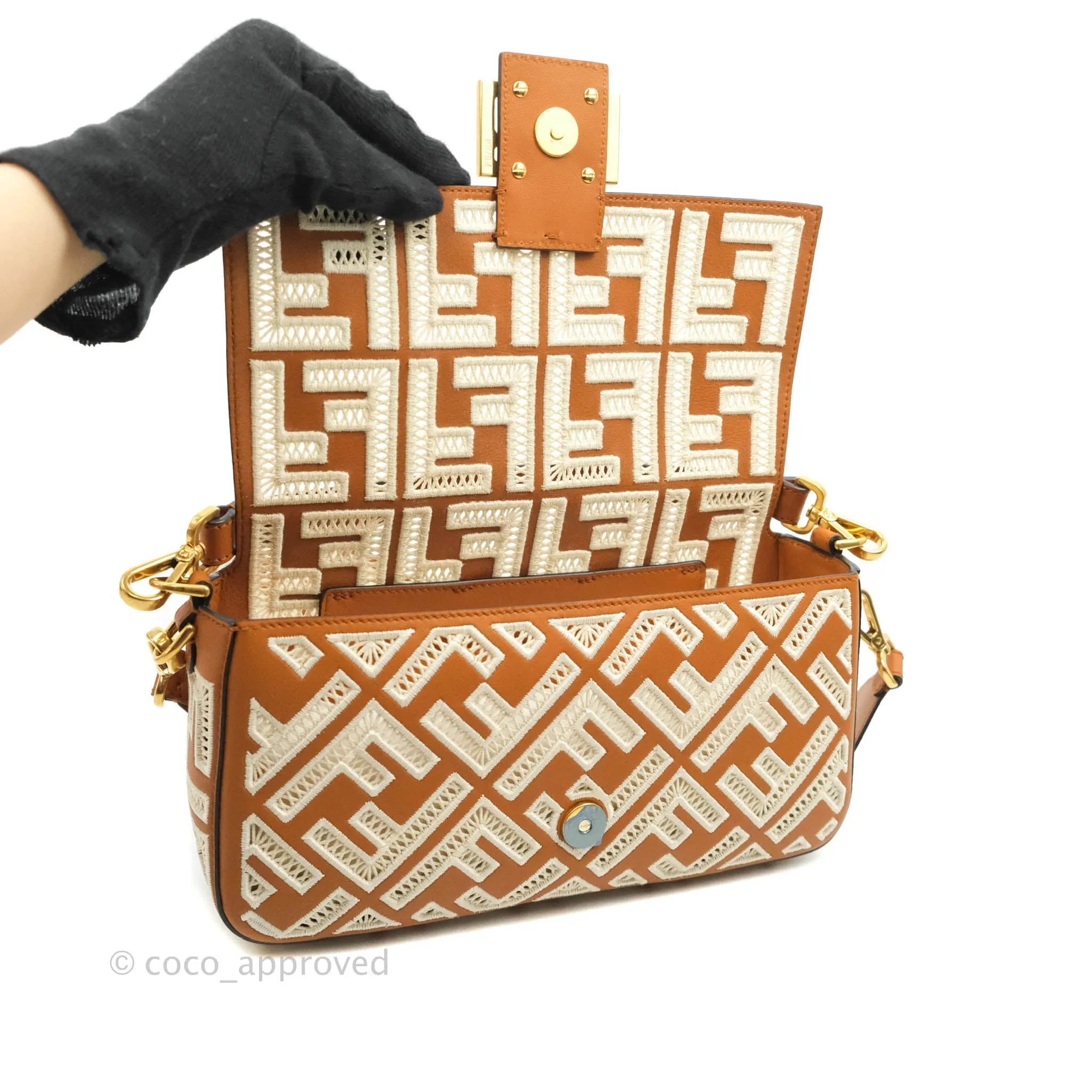 Fendi Medium FF Ajour Embroidery Baguette Bag Brown Nappa