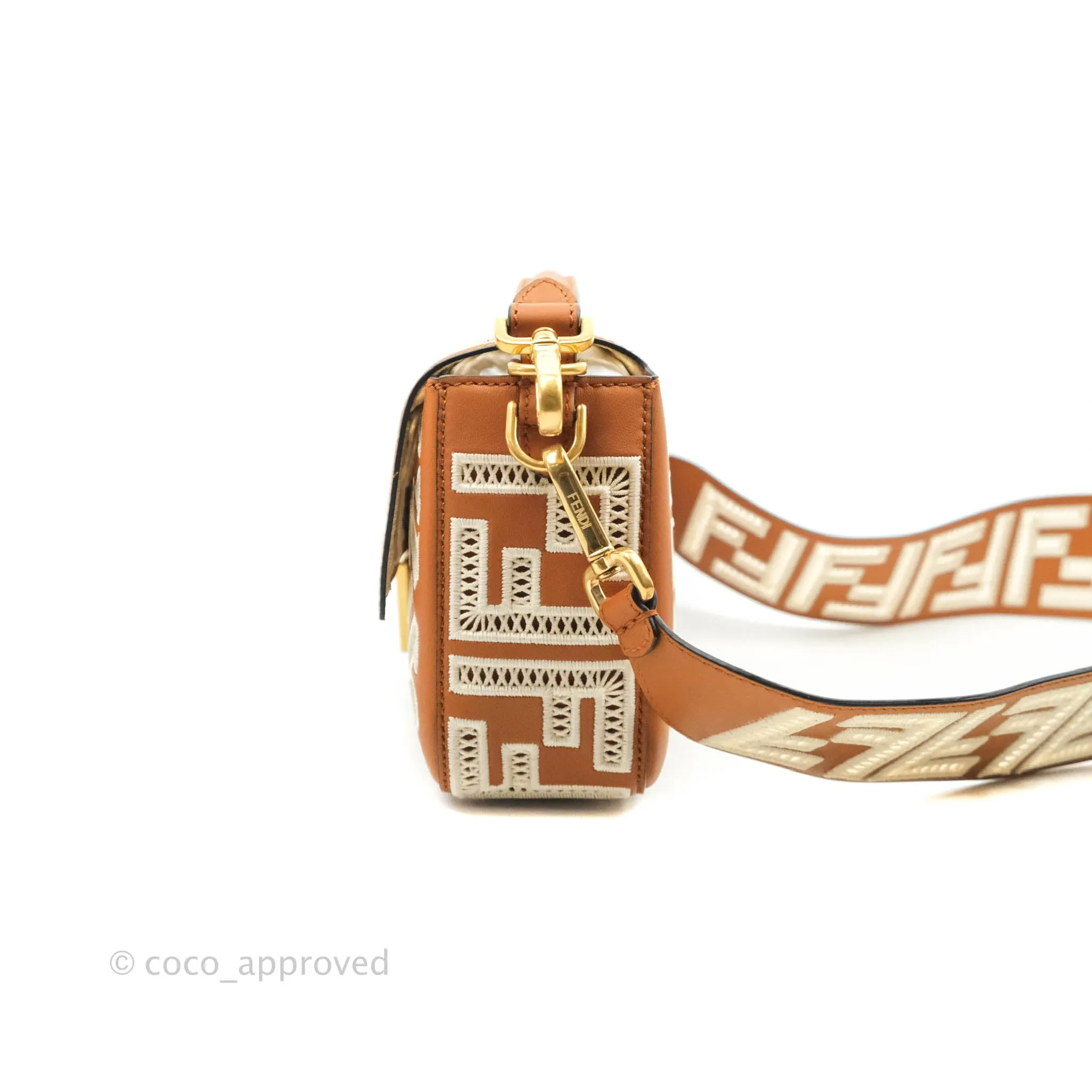 Fendi Medium FF Ajour Embroidery Baguette Bag Brown Nappa