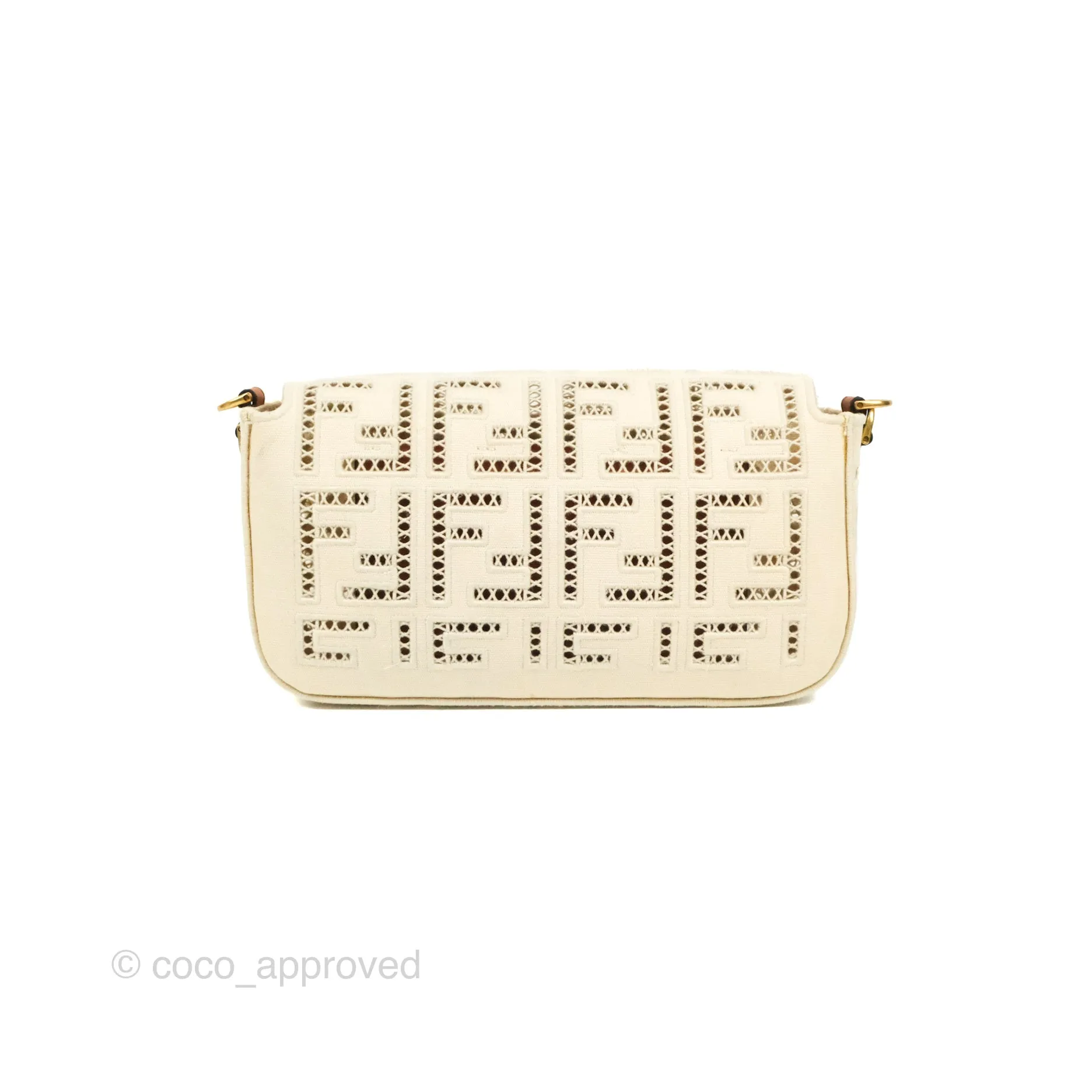 Fendi Medium FF Ajour Embroidery Baguette Bag Ivory Canvas