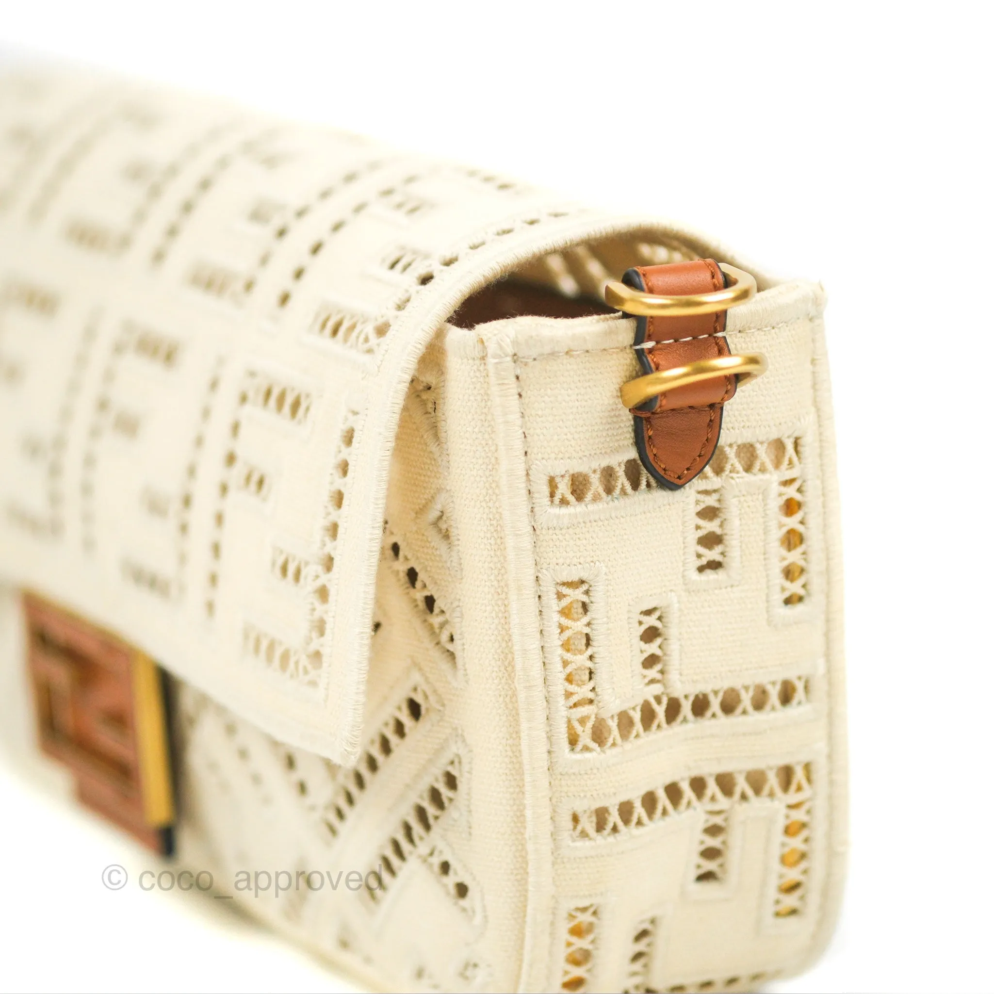 Fendi Medium FF Ajour Embroidery Baguette Bag Ivory Canvas