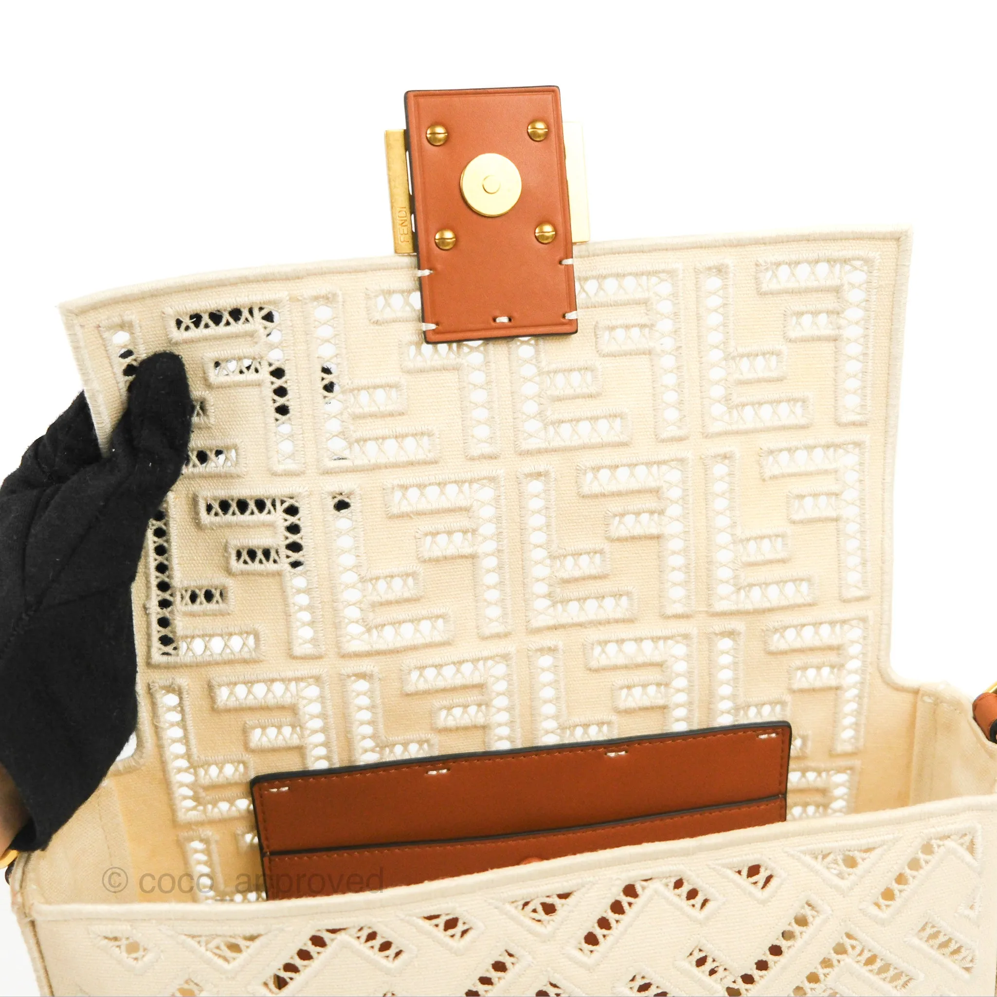 Fendi Medium FF Ajour Embroidery Baguette Bag Ivory Canvas
