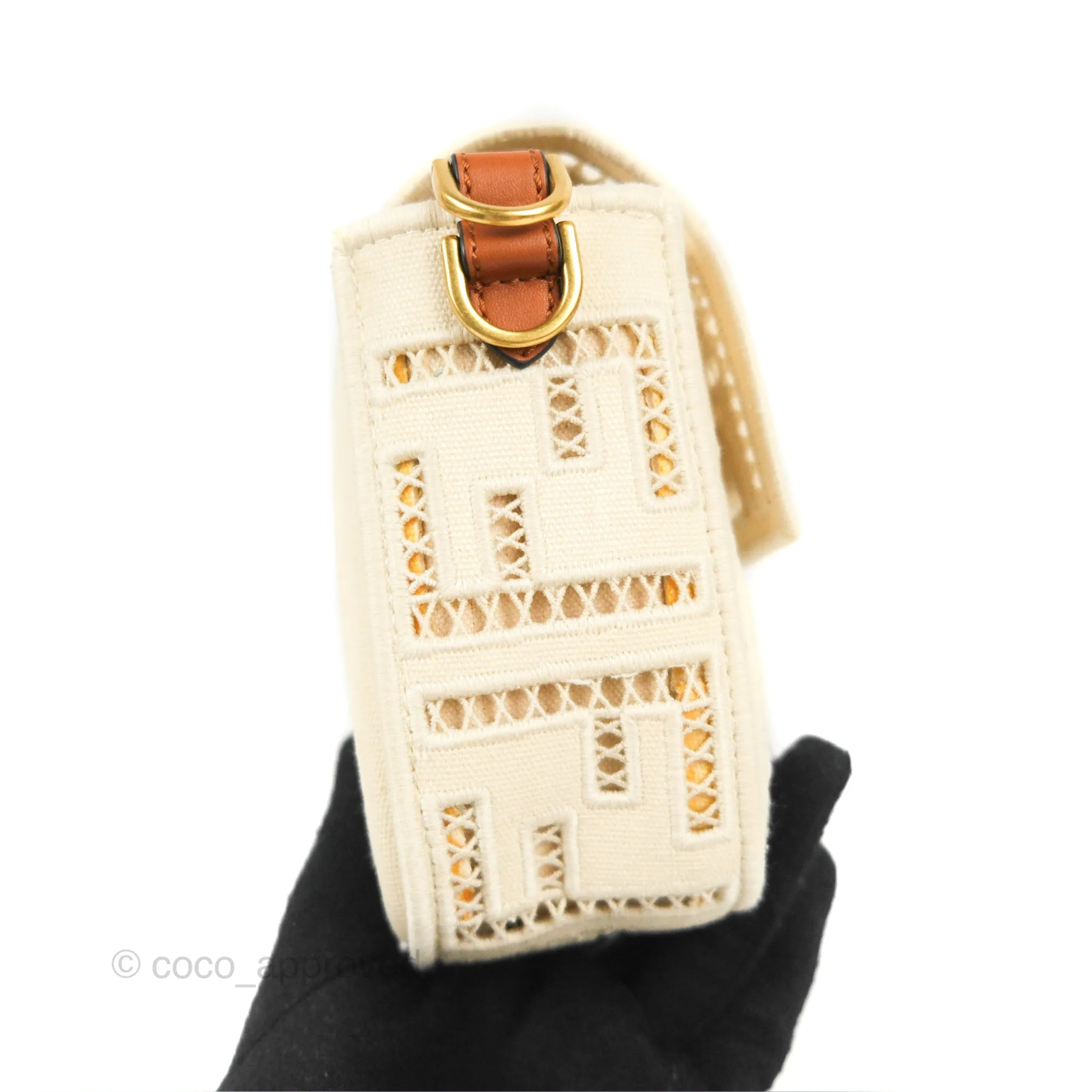 Fendi Medium FF Ajour Embroidery Baguette Bag Ivory Canvas