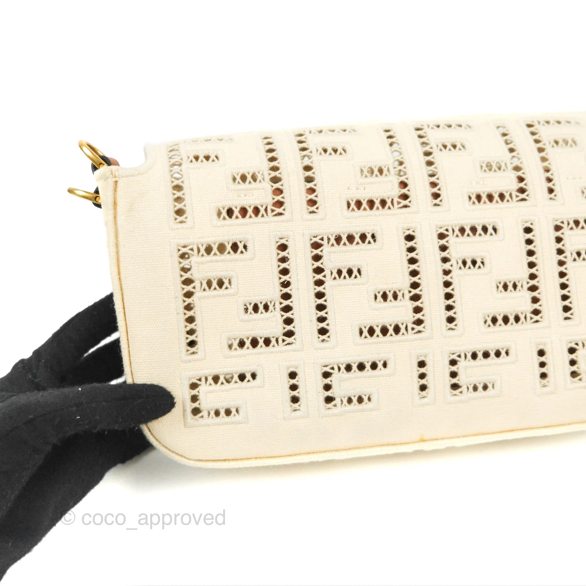 Fendi Medium FF Ajour Embroidery Baguette Bag Ivory Canvas