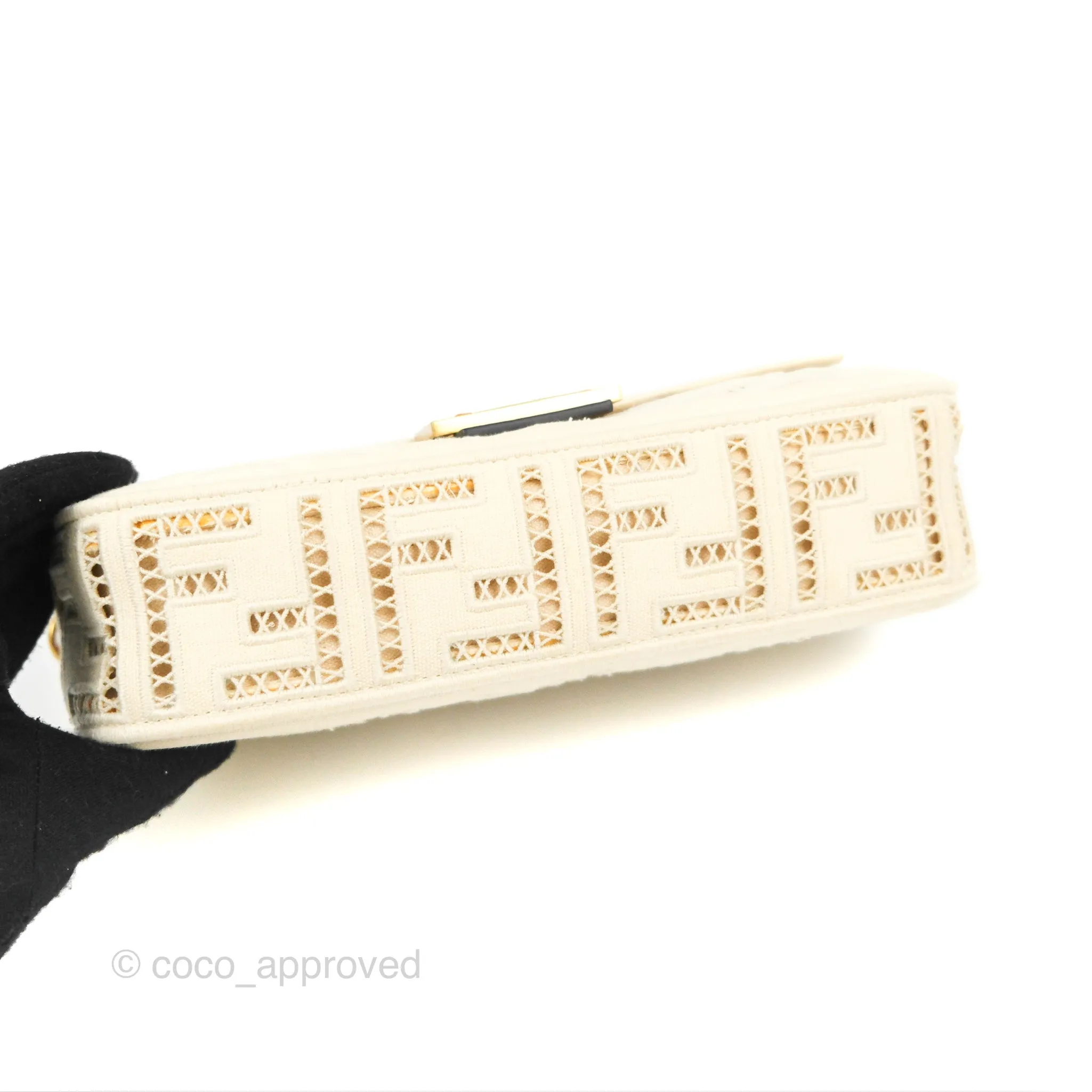 Fendi Medium FF Ajour Embroidery Baguette Bag Ivory Canvas