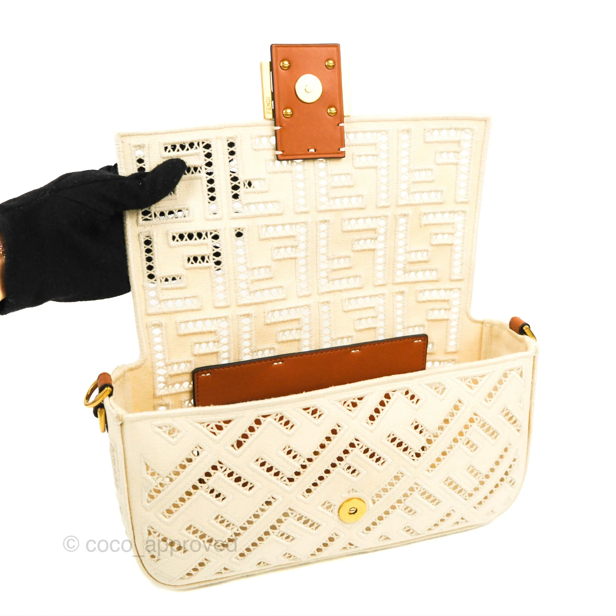 Fendi Medium FF Ajour Embroidery Baguette Bag Ivory Canvas