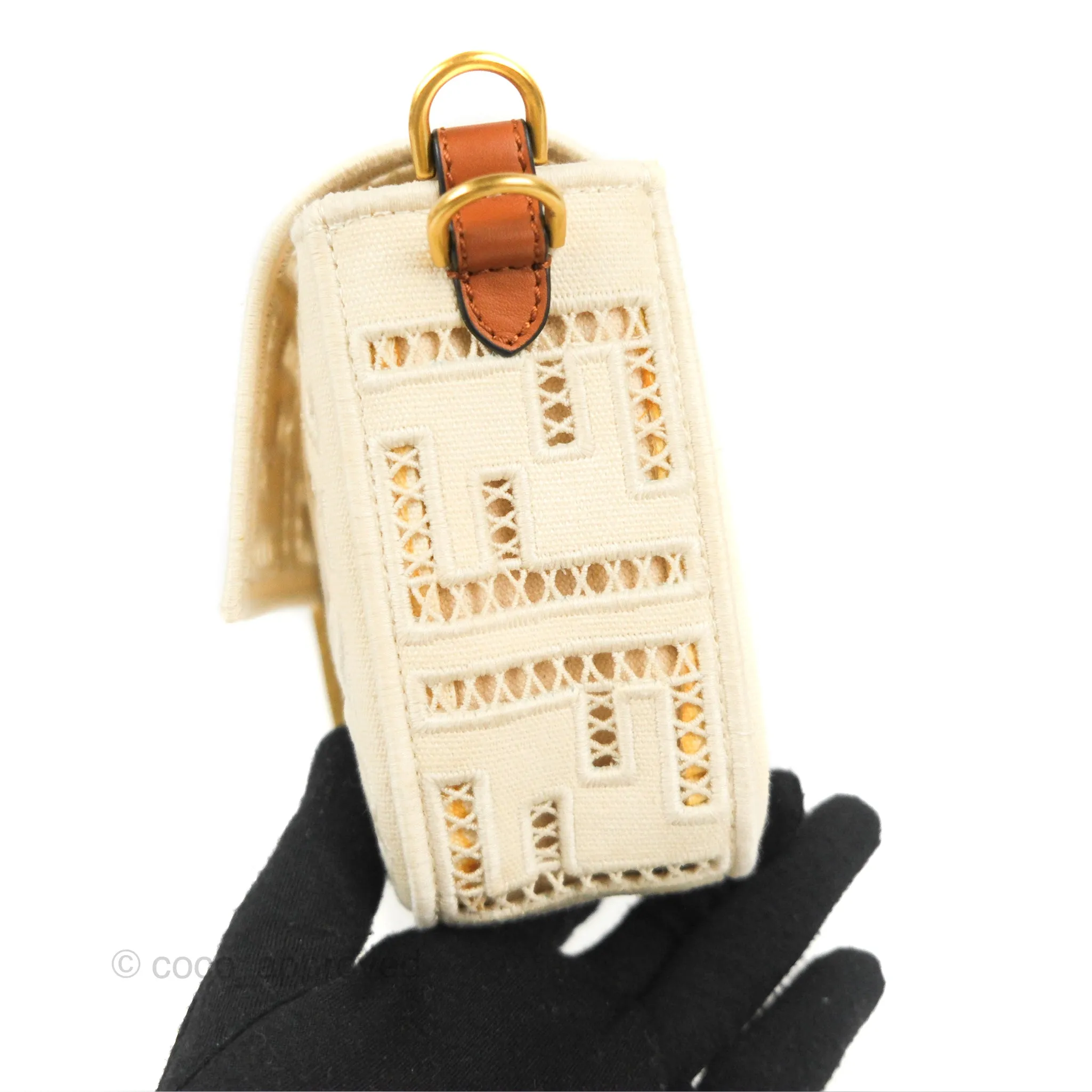 Fendi Medium FF Ajour Embroidery Baguette Bag Ivory Canvas