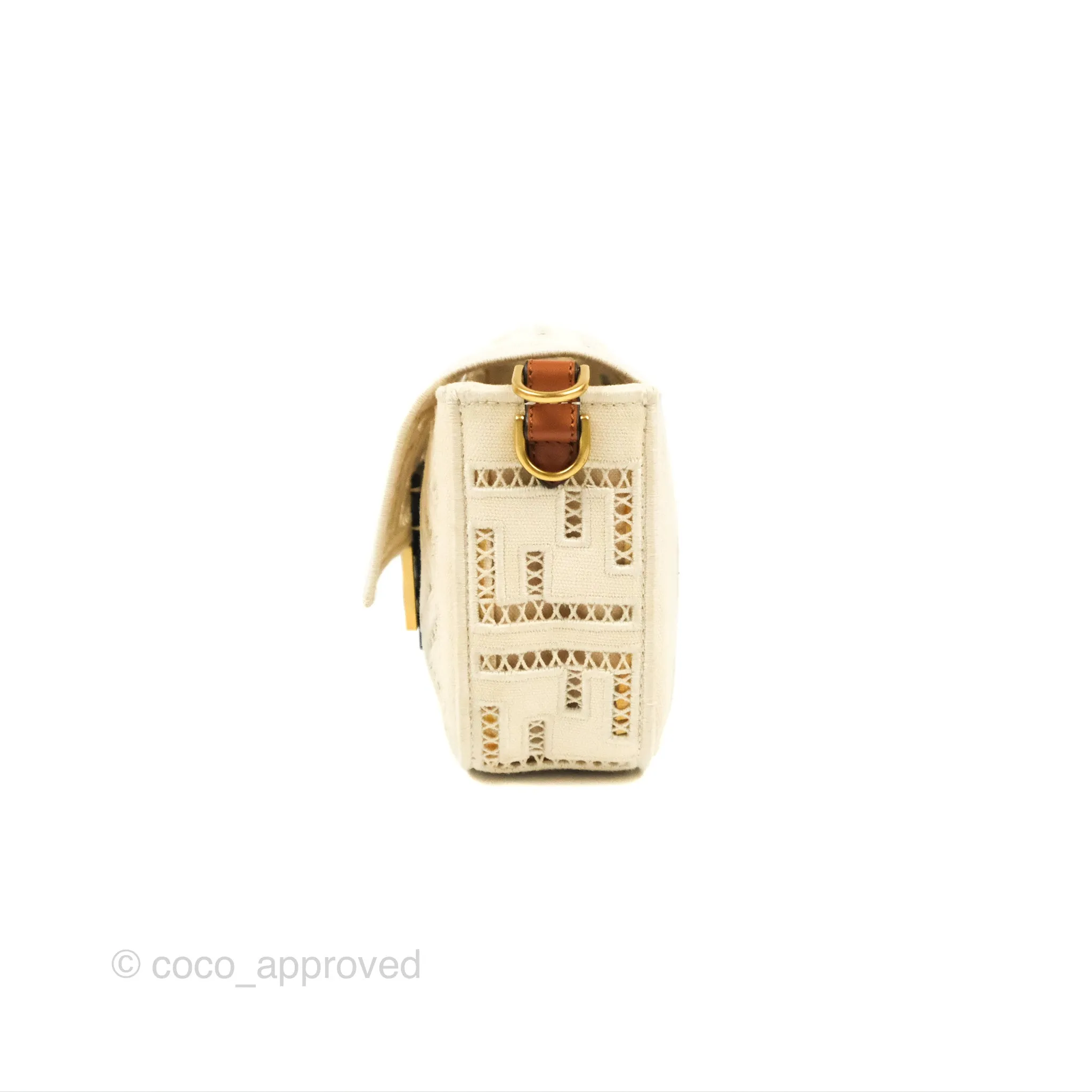 Fendi Medium FF Ajour Embroidery Baguette Bag Ivory Canvas