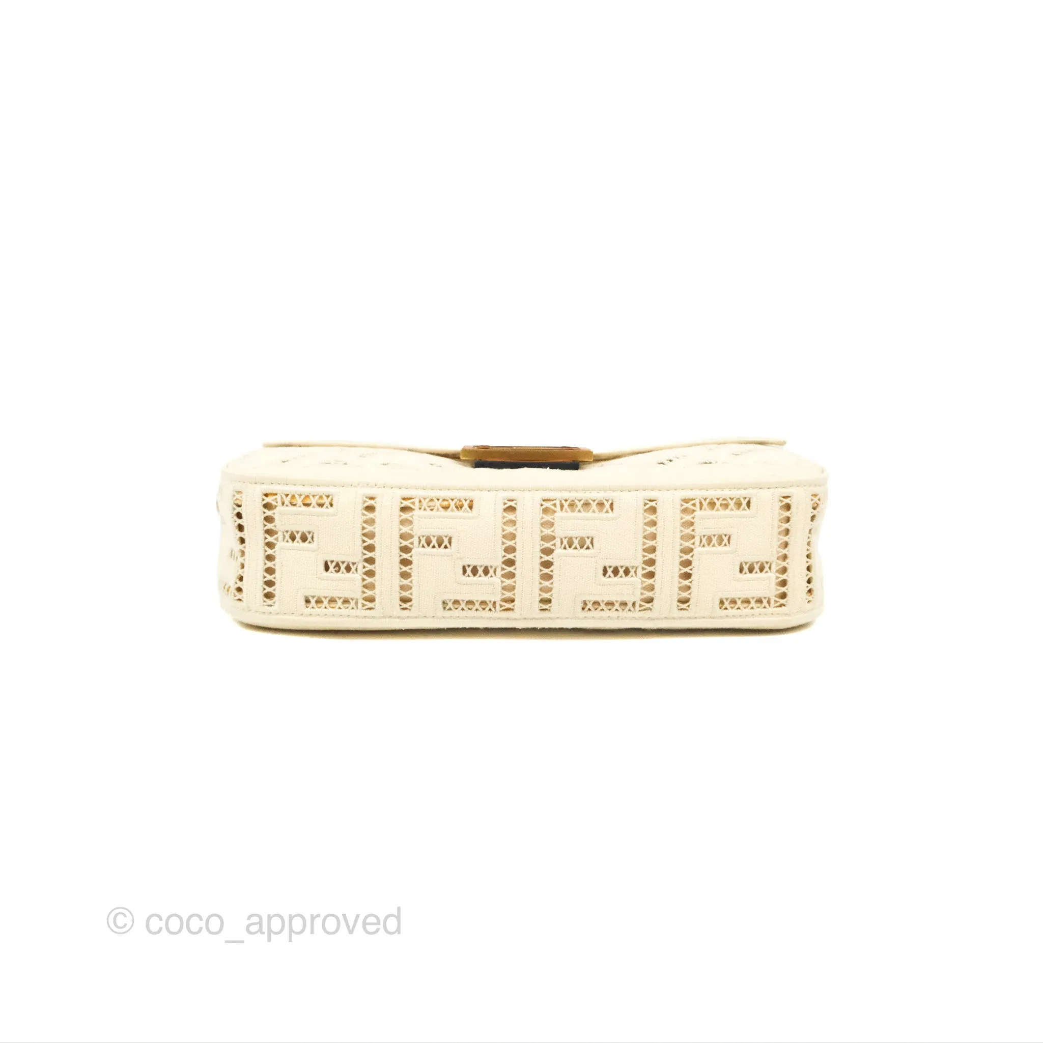 Fendi Medium FF Ajour Embroidery Baguette Bag Ivory Canvas