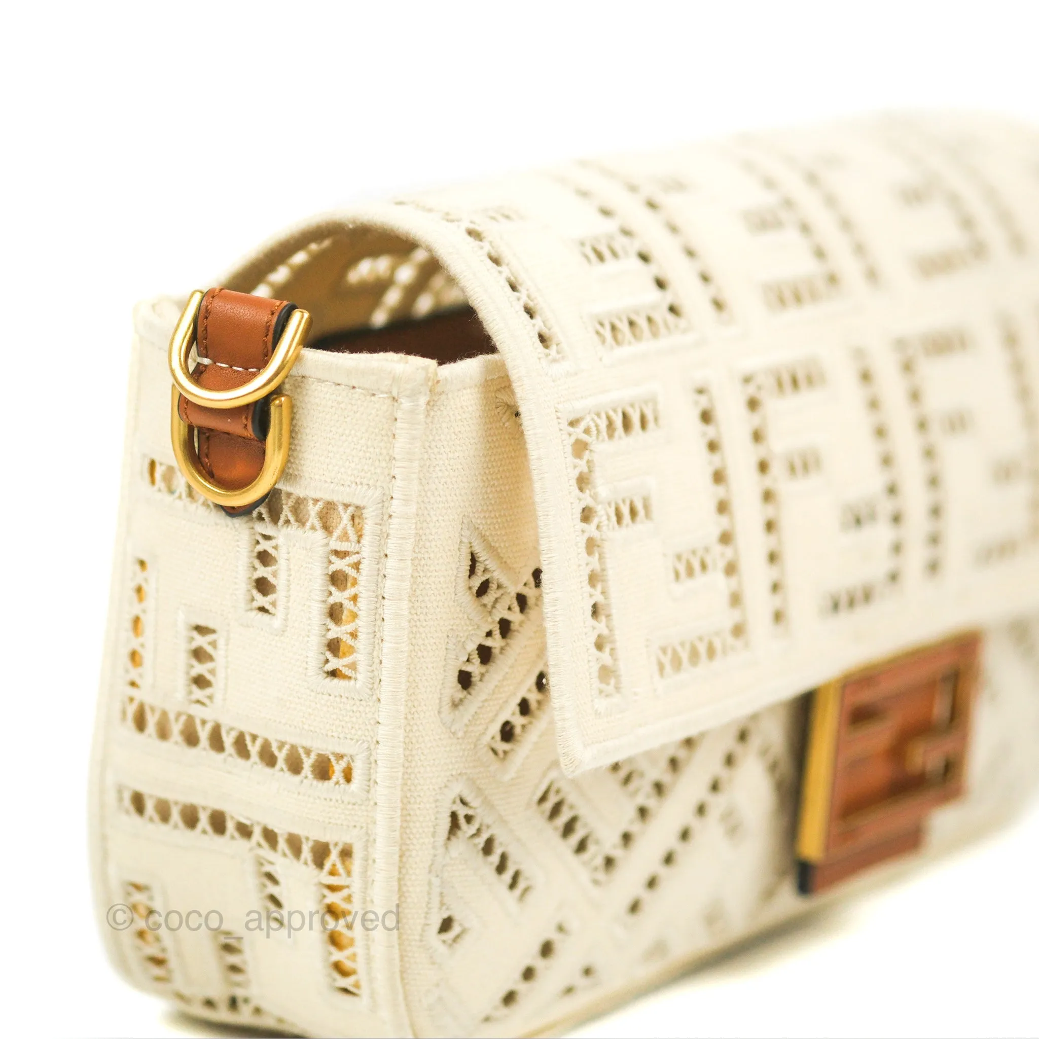 Fendi Medium FF Ajour Embroidery Baguette Bag Ivory Canvas