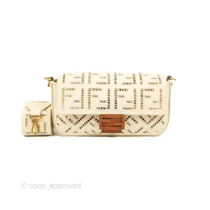 Fendi Medium FF Ajour Embroidery Baguette Bag Ivory Canvas
