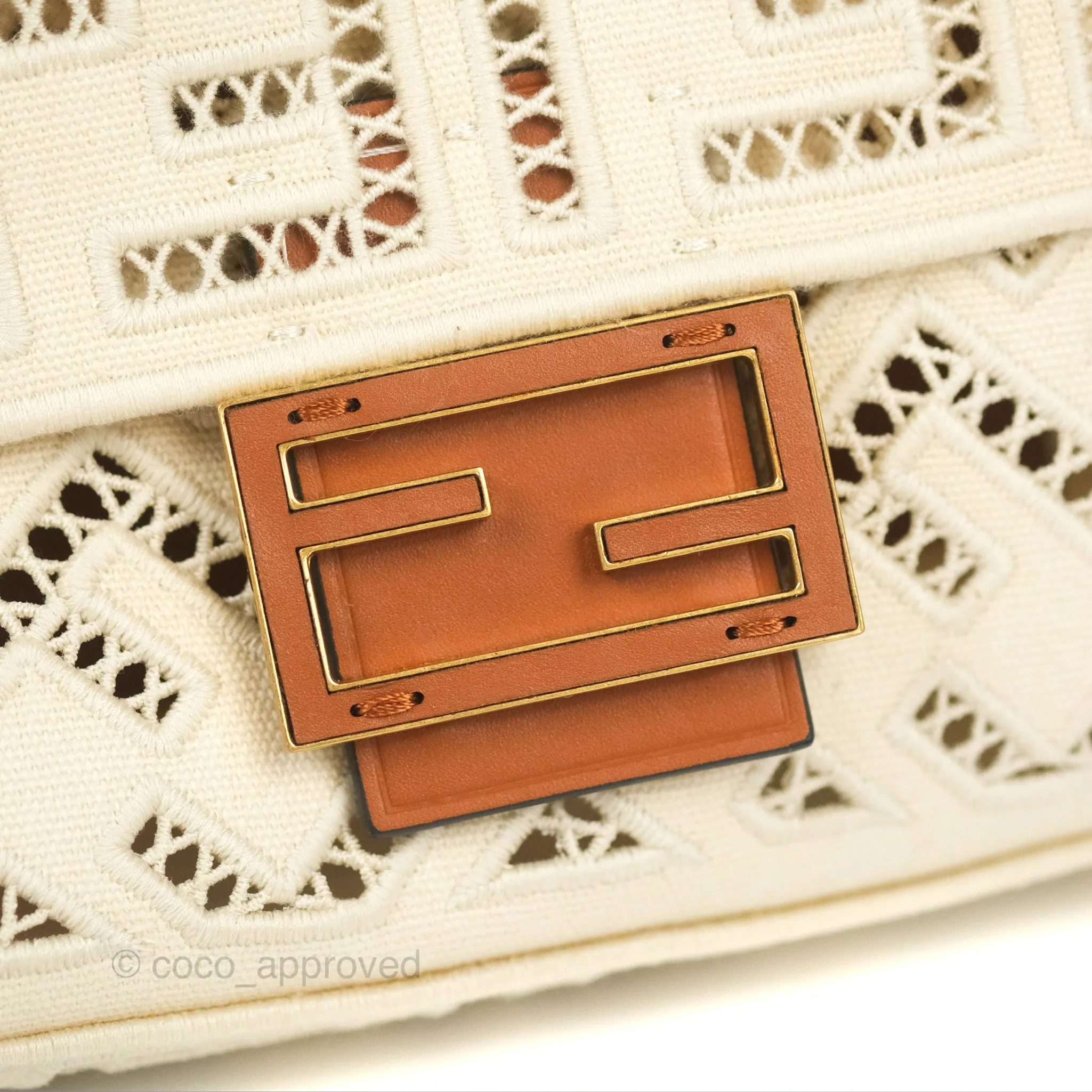 Fendi Medium FF Ajour Embroidery Baguette Bag Ivory Canvas
