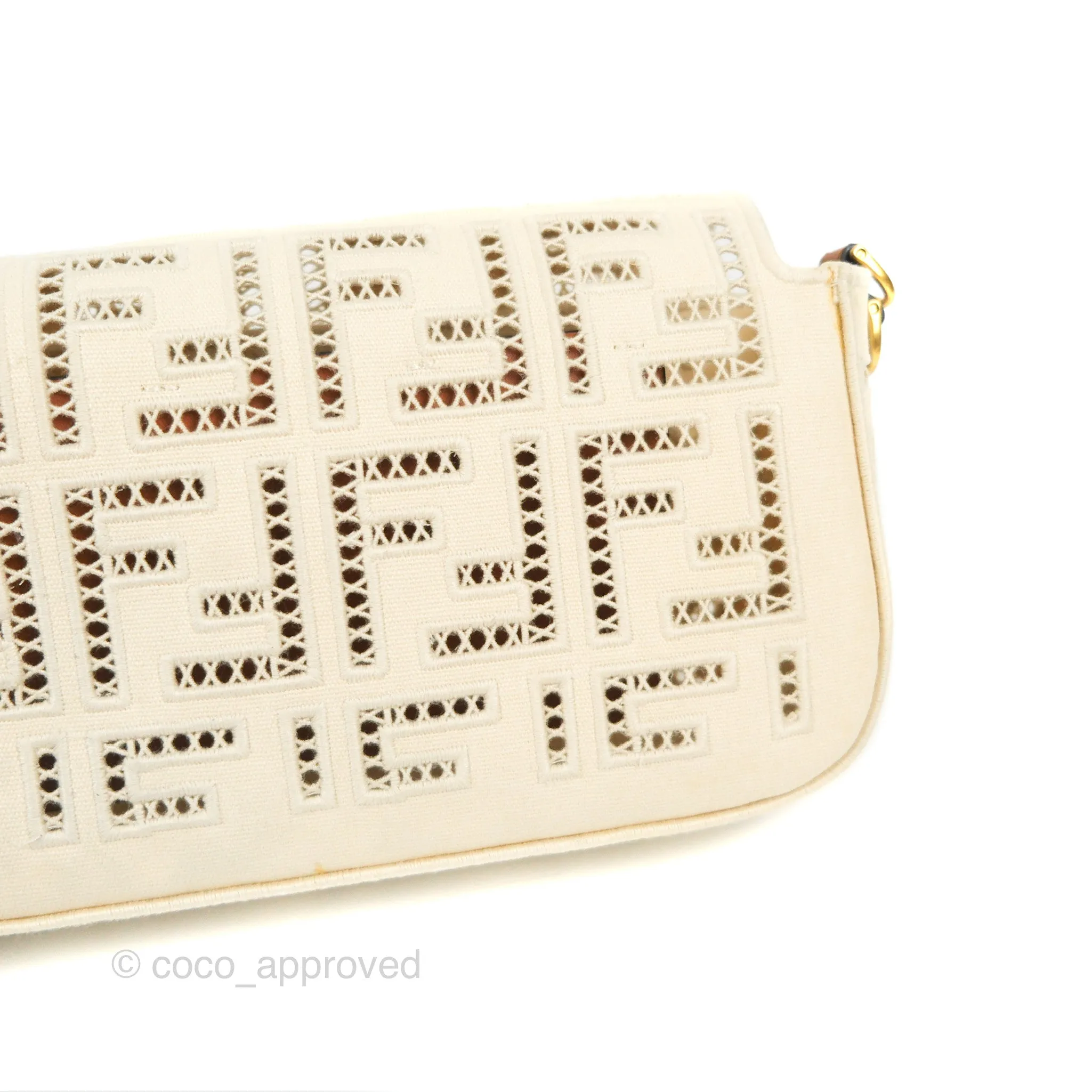Fendi Medium FF Ajour Embroidery Baguette Bag Ivory Canvas