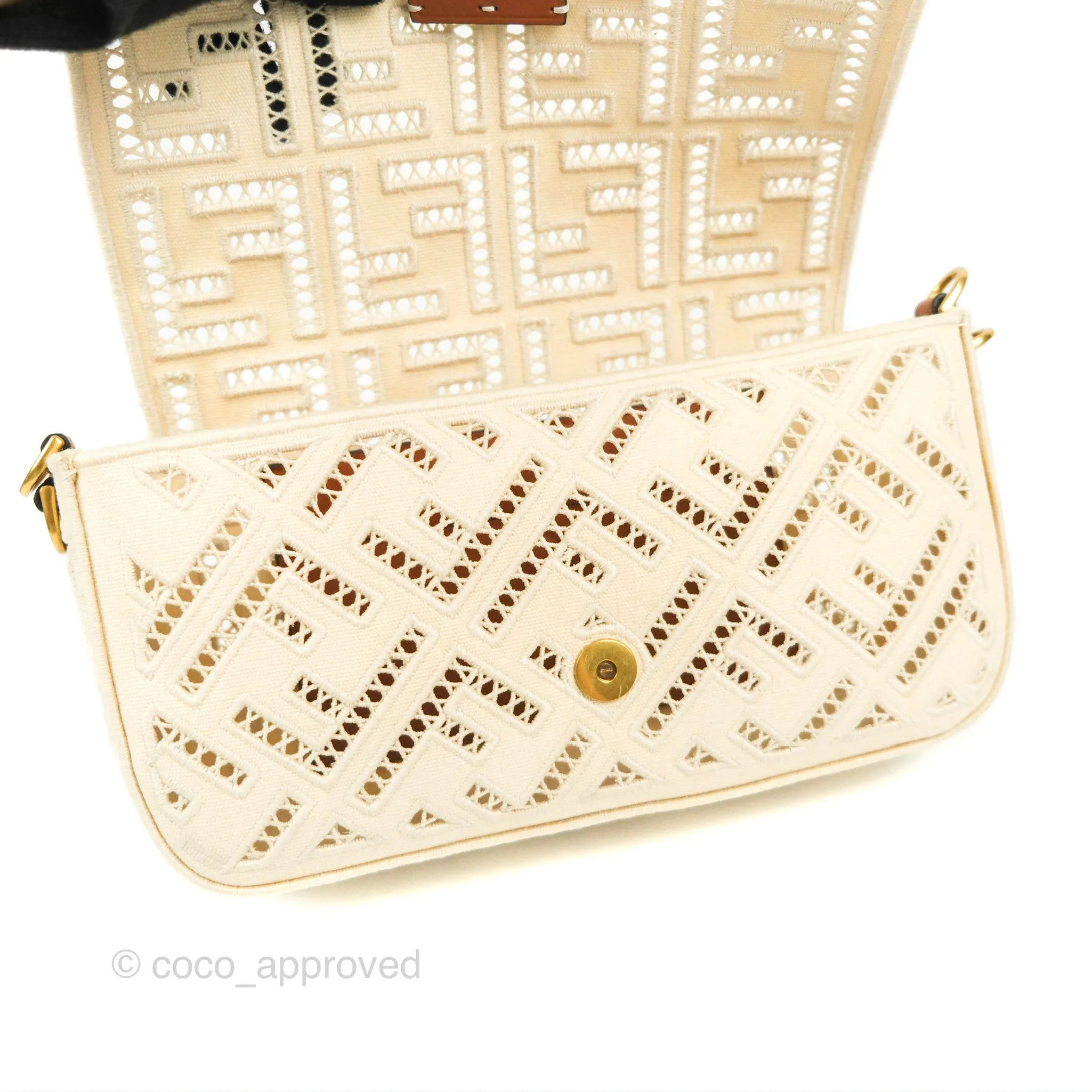 Fendi Medium FF Ajour Embroidery Baguette Bag Ivory Canvas