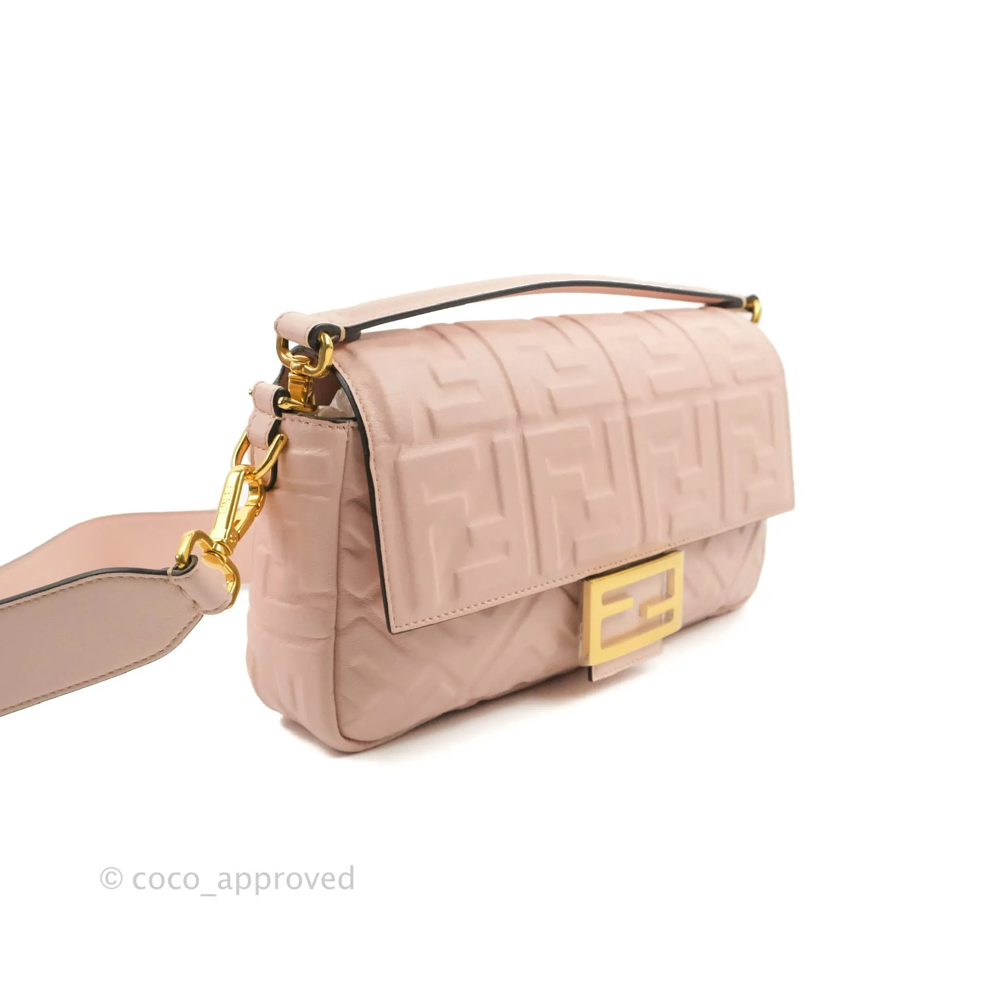 Fendi Medium Nappa FF 1974 Embossed Baguette Rosa Quarzo Gold Hardware
