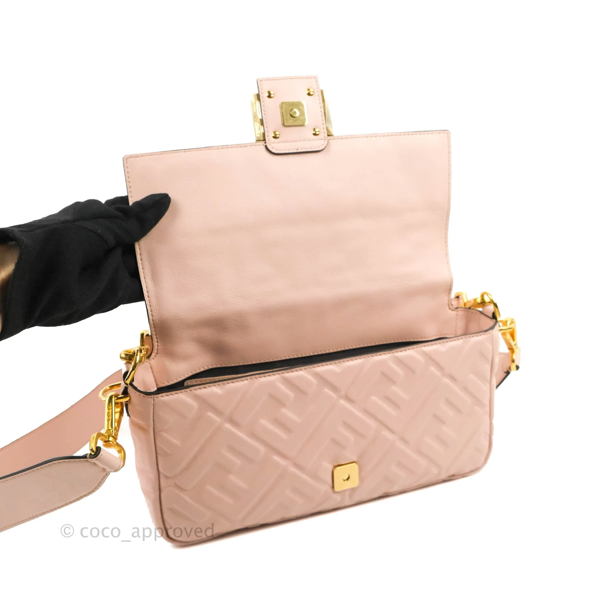 Fendi Medium Nappa FF 1974 Embossed Baguette Rosa Quarzo Gold Hardware
