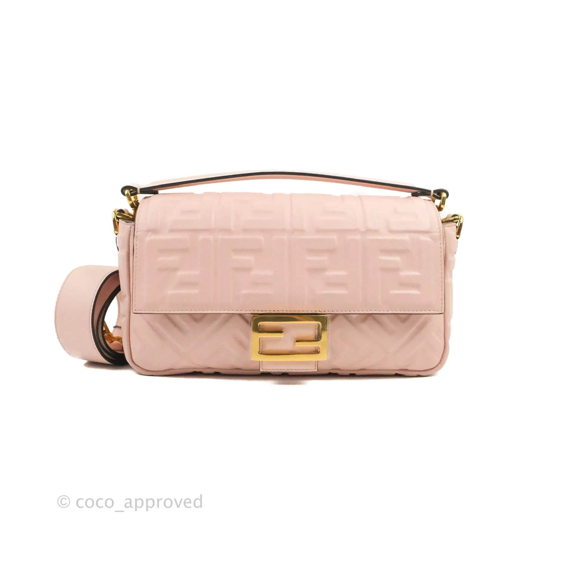 Fendi Medium Nappa FF 1974 Embossed Baguette Rosa Quarzo Gold Hardware
