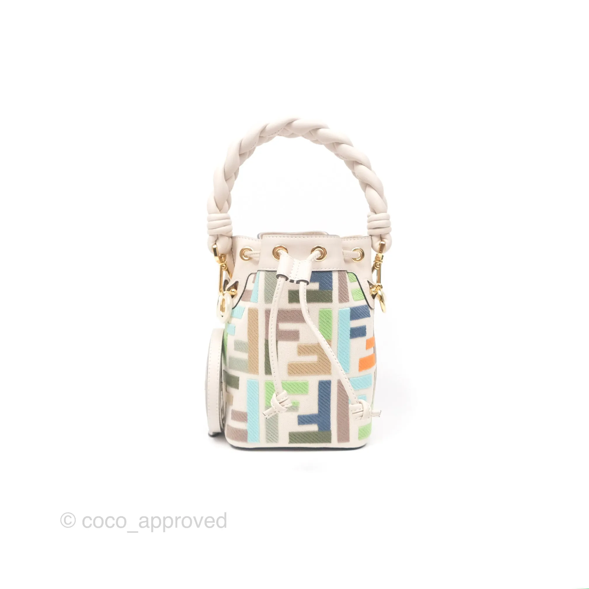 Fendi Mini Mon Tresor Bucket Bag In FF Canvas Grezzo Multicolor Latte Gold Hardware