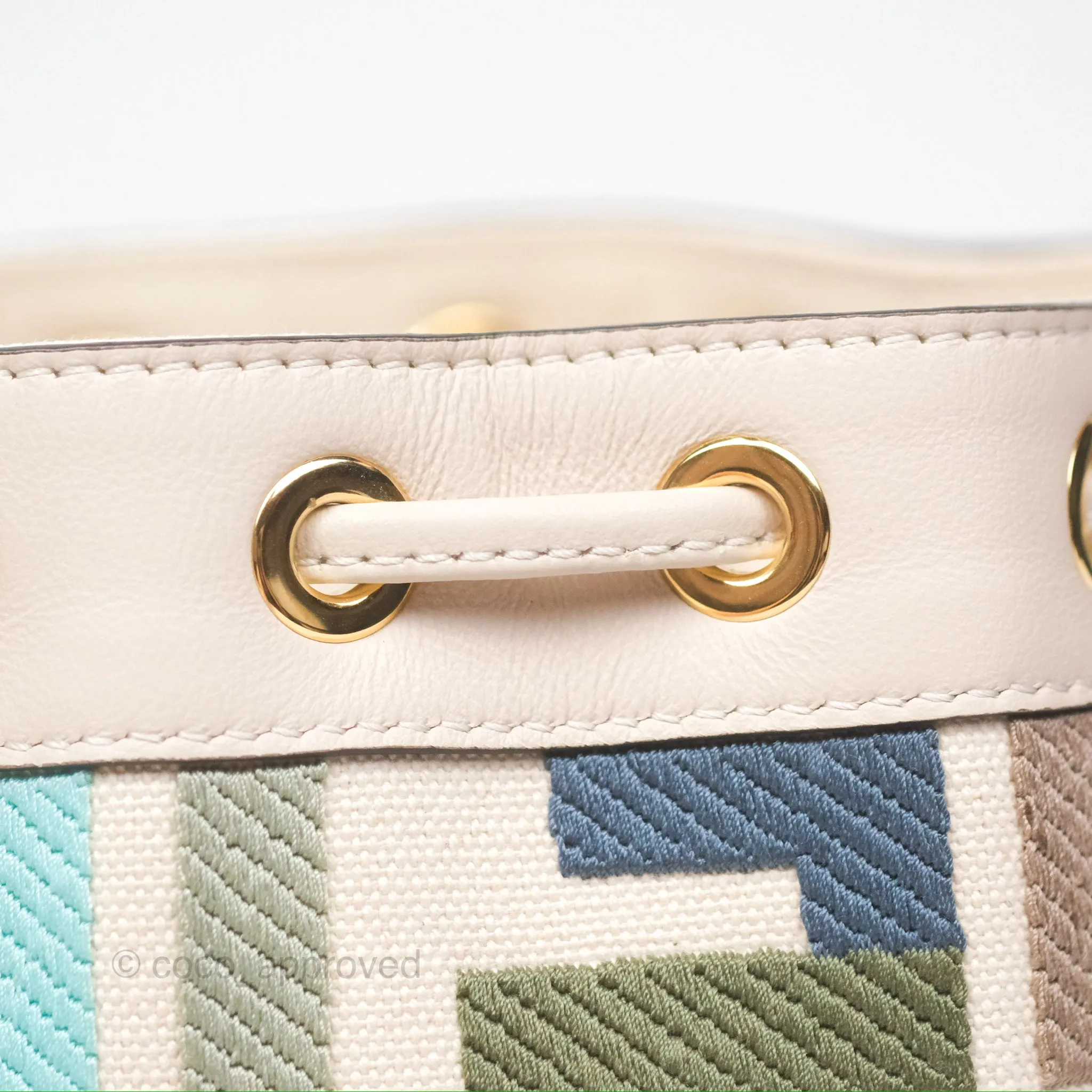 Fendi Mini Mon Tresor Bucket Bag In FF Canvas Grezzo Multicolor Latte Gold Hardware
