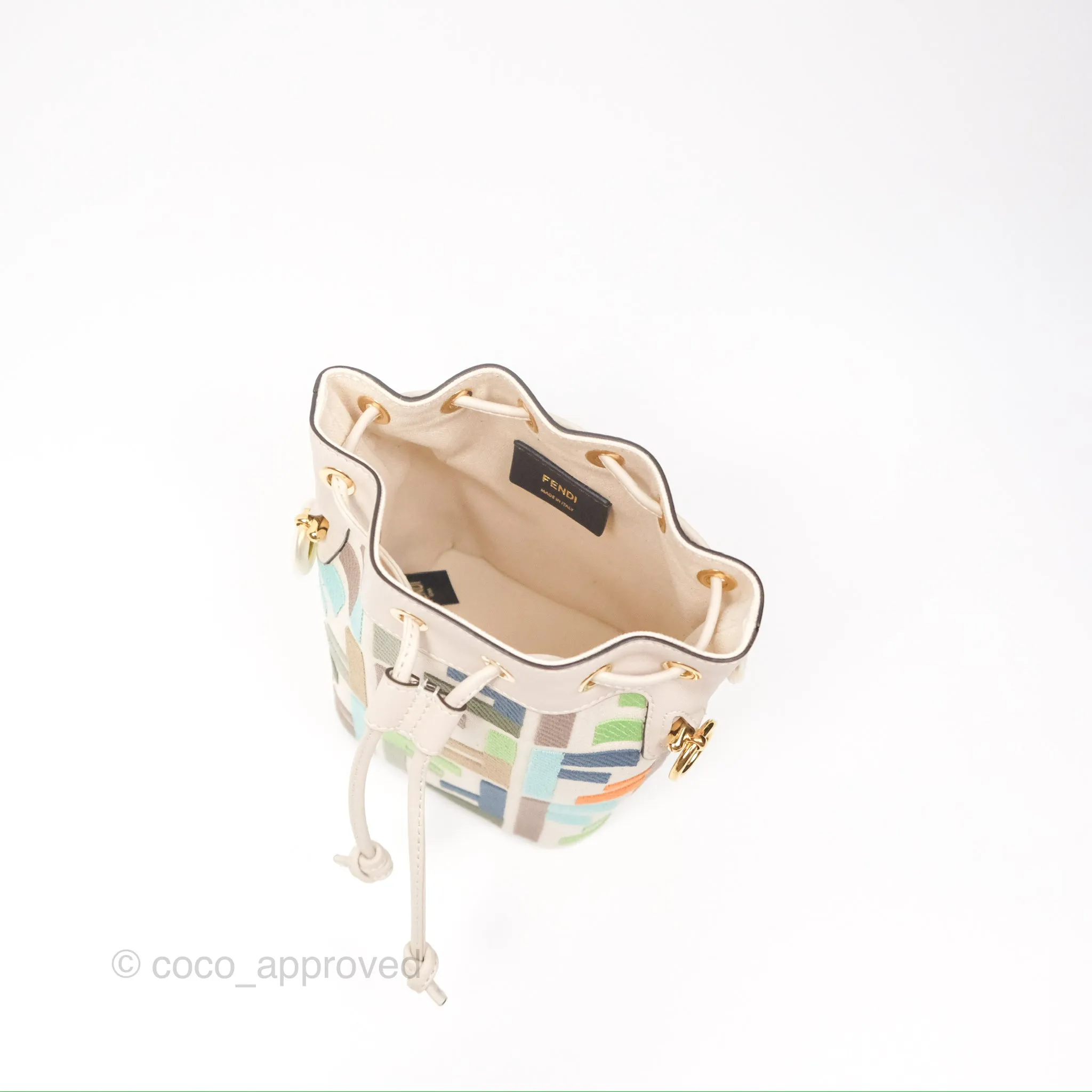 Fendi Mini Mon Tresor Bucket Bag In FF Canvas Grezzo Multicolor Latte Gold Hardware