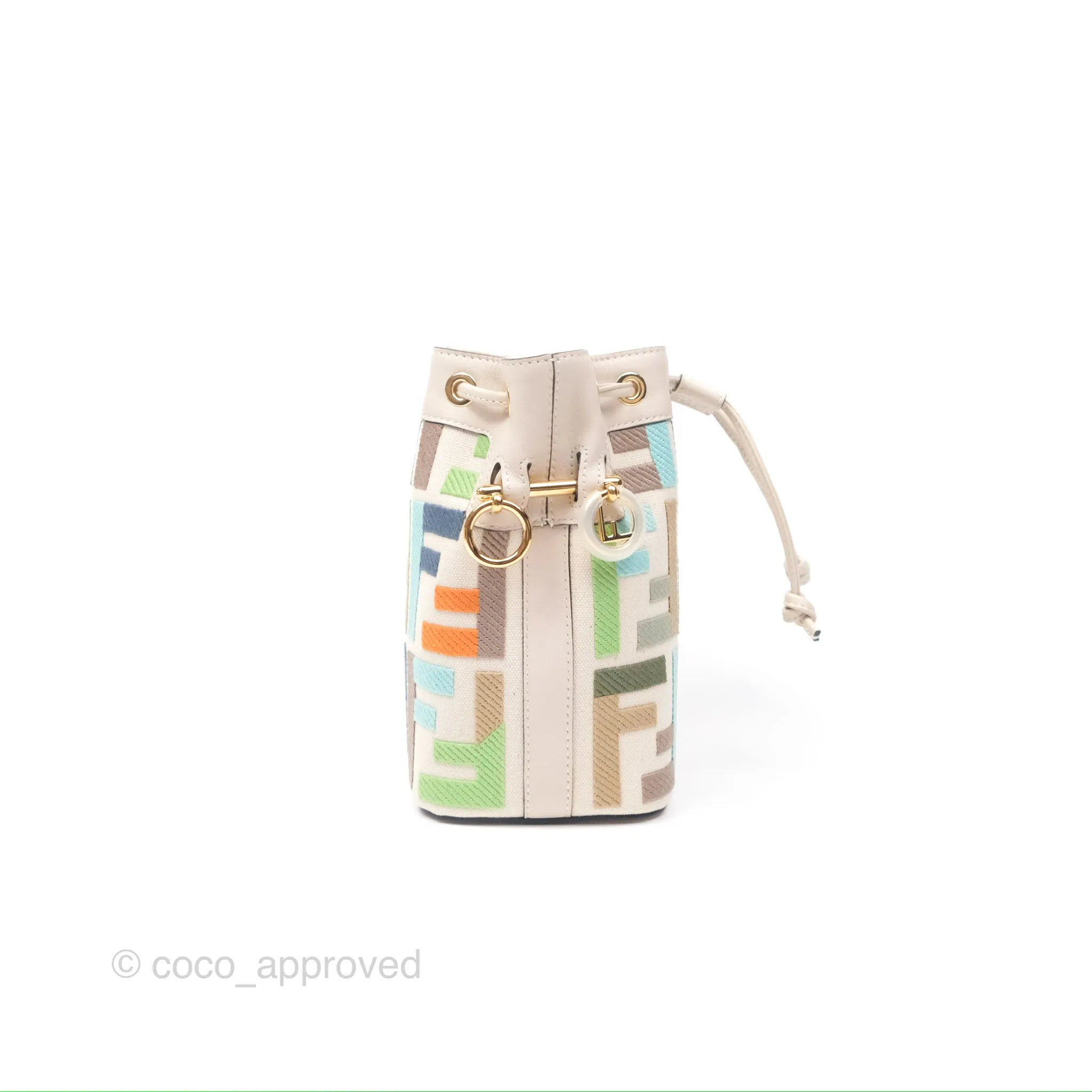 Fendi Mini Mon Tresor Bucket Bag In FF Canvas Grezzo Multicolor Latte Gold Hardware