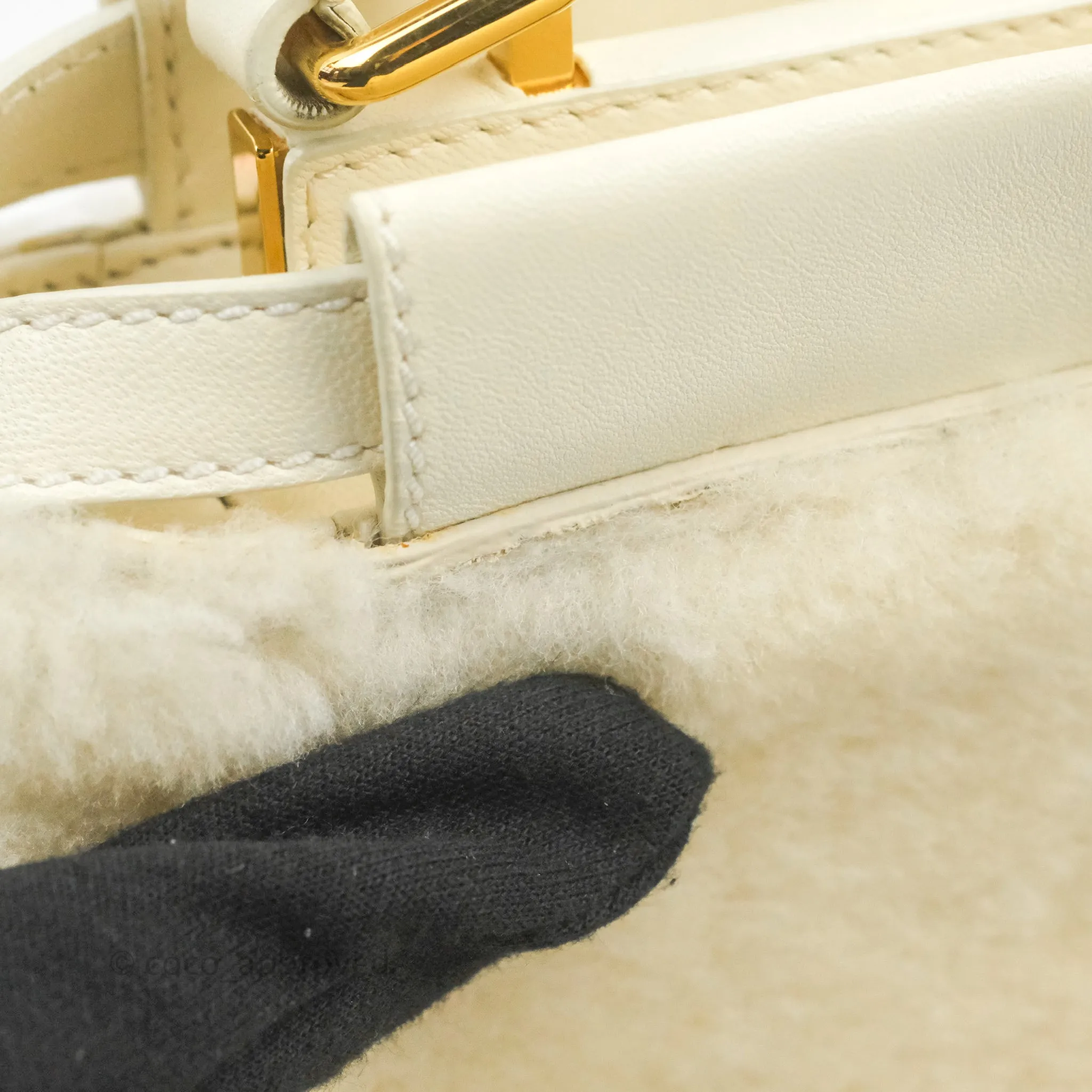 Fendi Mini Peekaboo Shearling Bag White Gold Harware