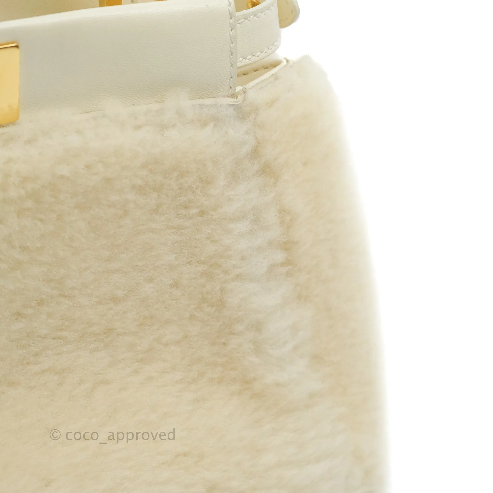 Fendi Mini Peekaboo Shearling Bag White Gold Harware