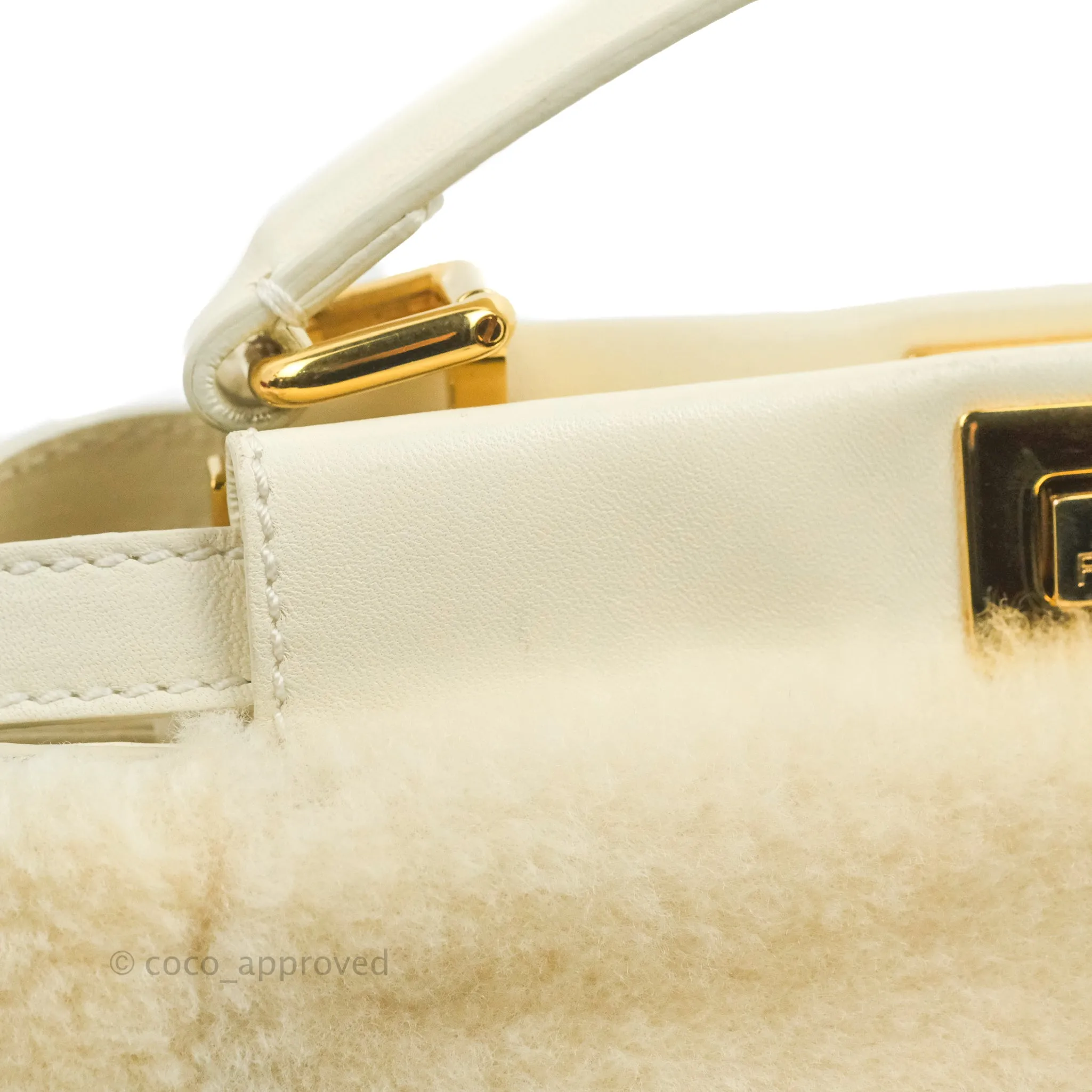 Fendi Mini Peekaboo Shearling Bag White Gold Harware