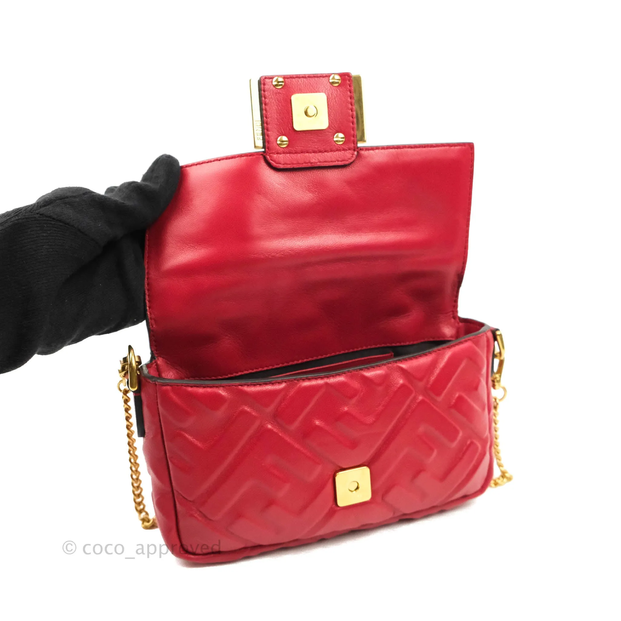 Fendi Nappa FF 1974 Embossed Mini Baguette Red