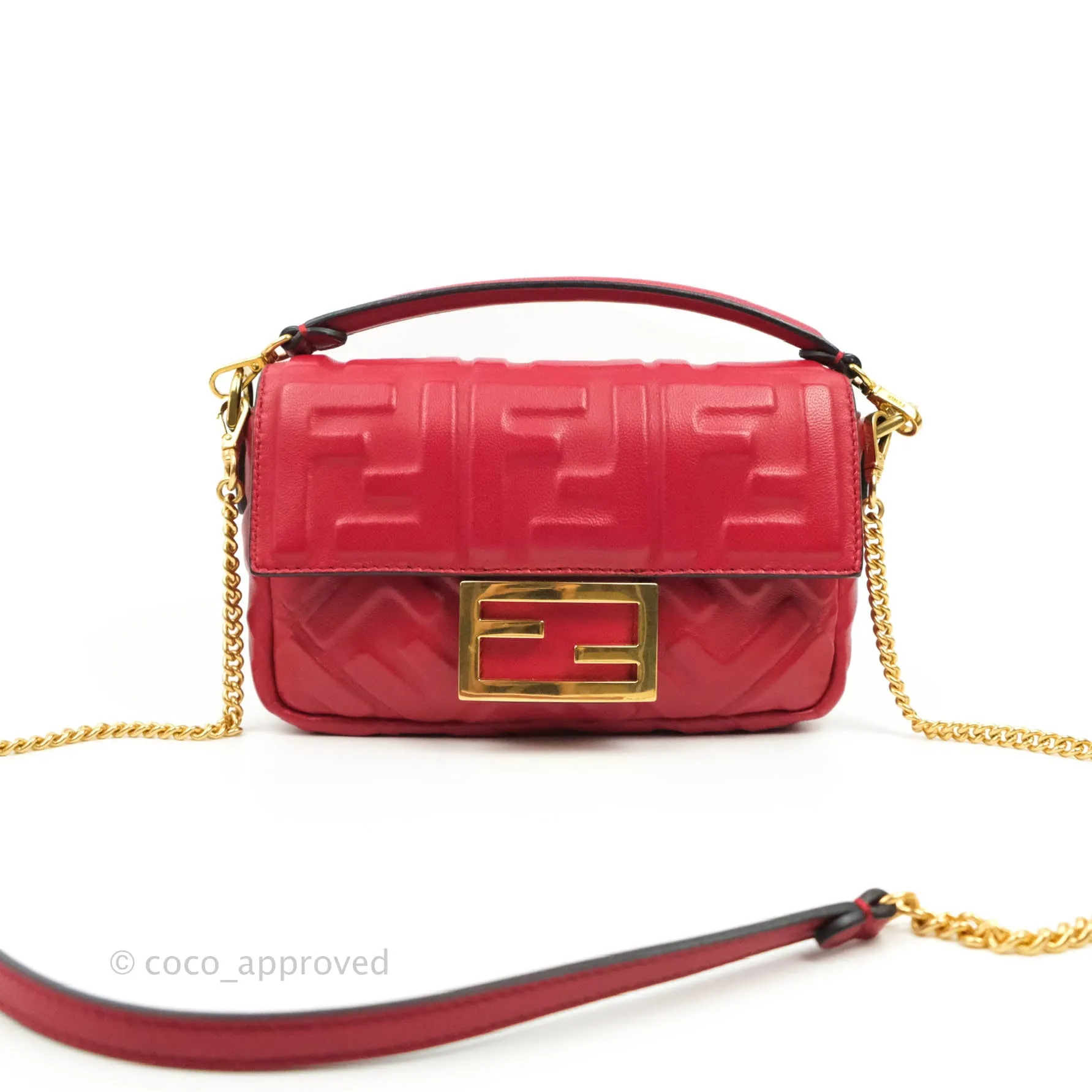 Fendi Nappa FF 1974 Embossed Mini Baguette Red